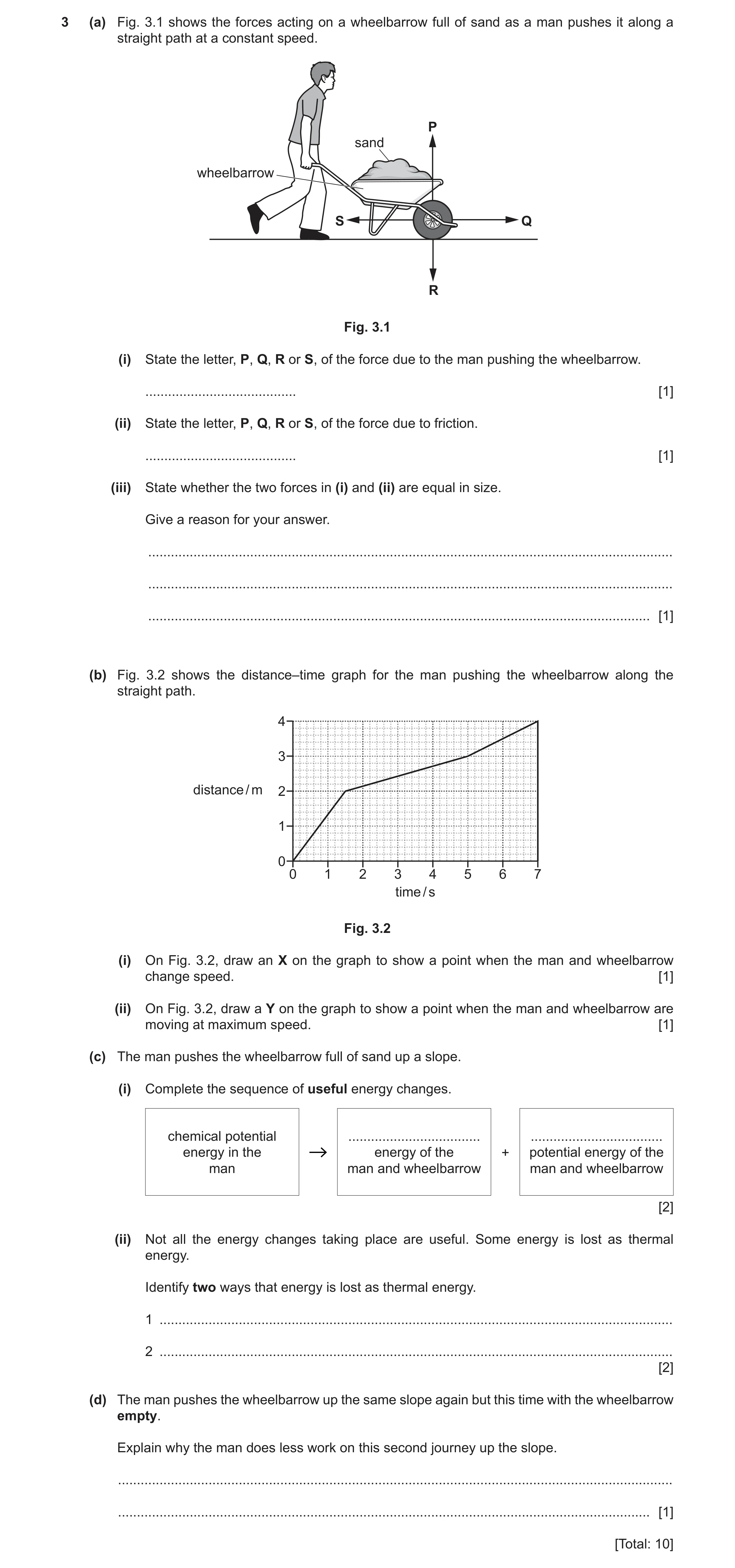 Question 20: (a) Fig. 3.1 shows the forces acting on a wheelbarrow full of sand as a man pushes it along a straight path at a constant speed. P sand whe…