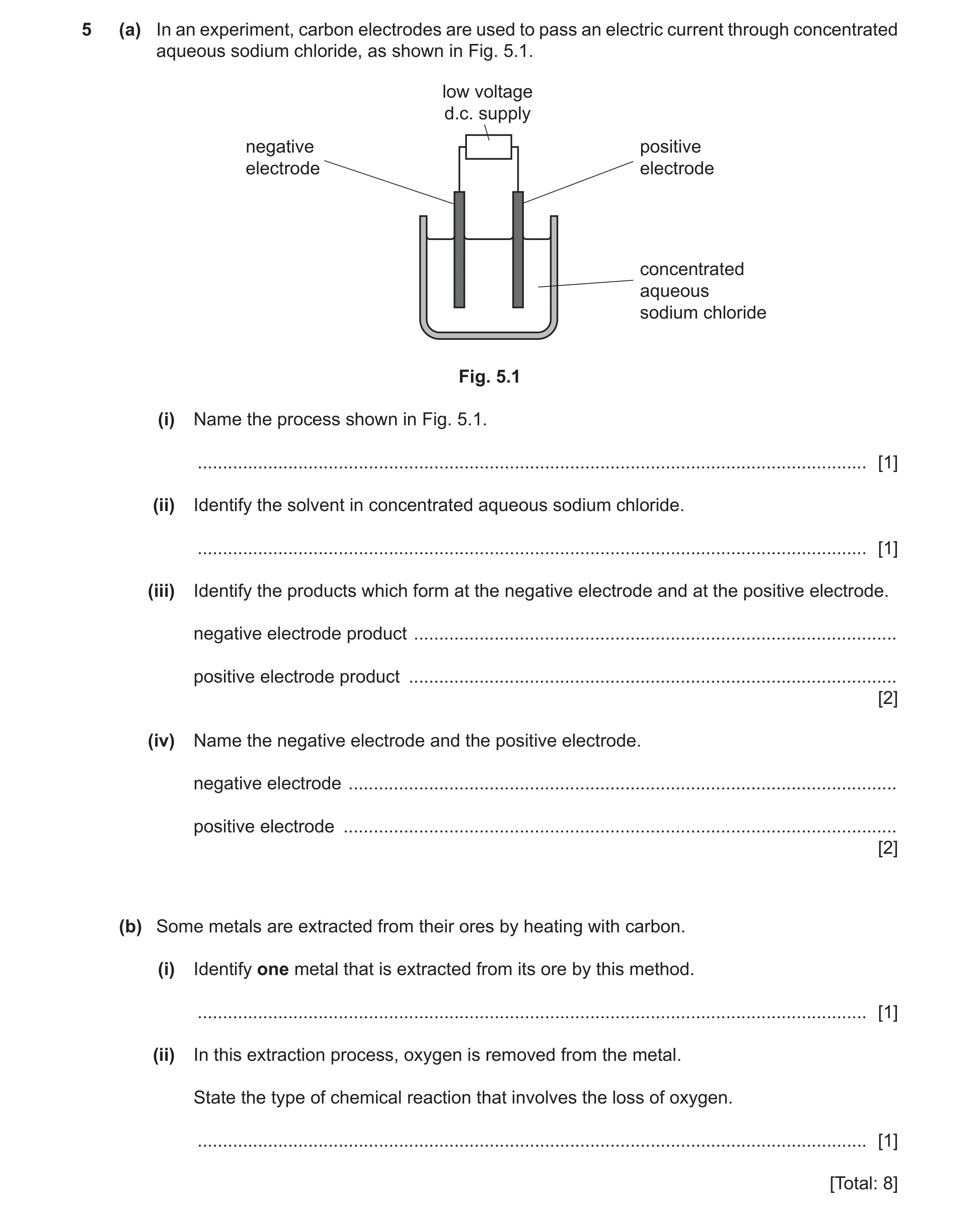 Question 13: (a) In an experiment, carbon electrodes are used to pass an electric current through concentrated aqueous sodium chloride, as shown in Fig.…
