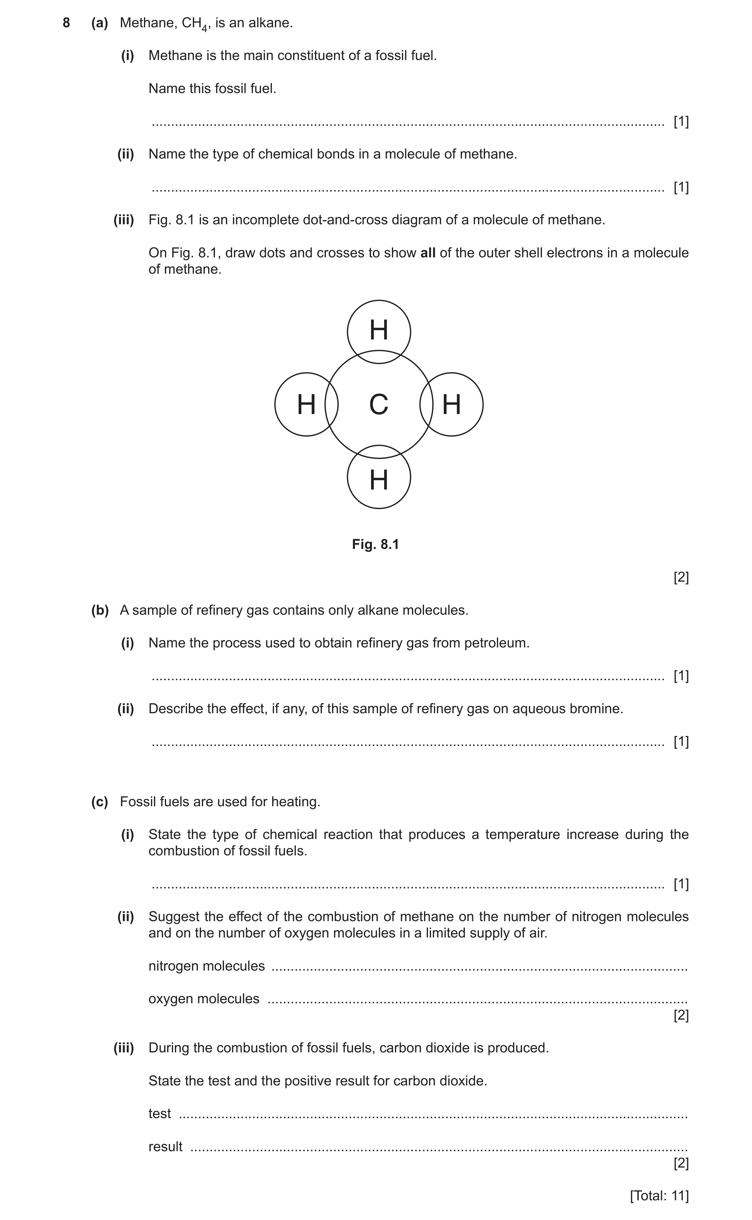 Question 12: (a) Methane, CH4, is an alkane. (i) Methane is the main constituent of a fossil fuel. Name this fossil fuel. ..............................…