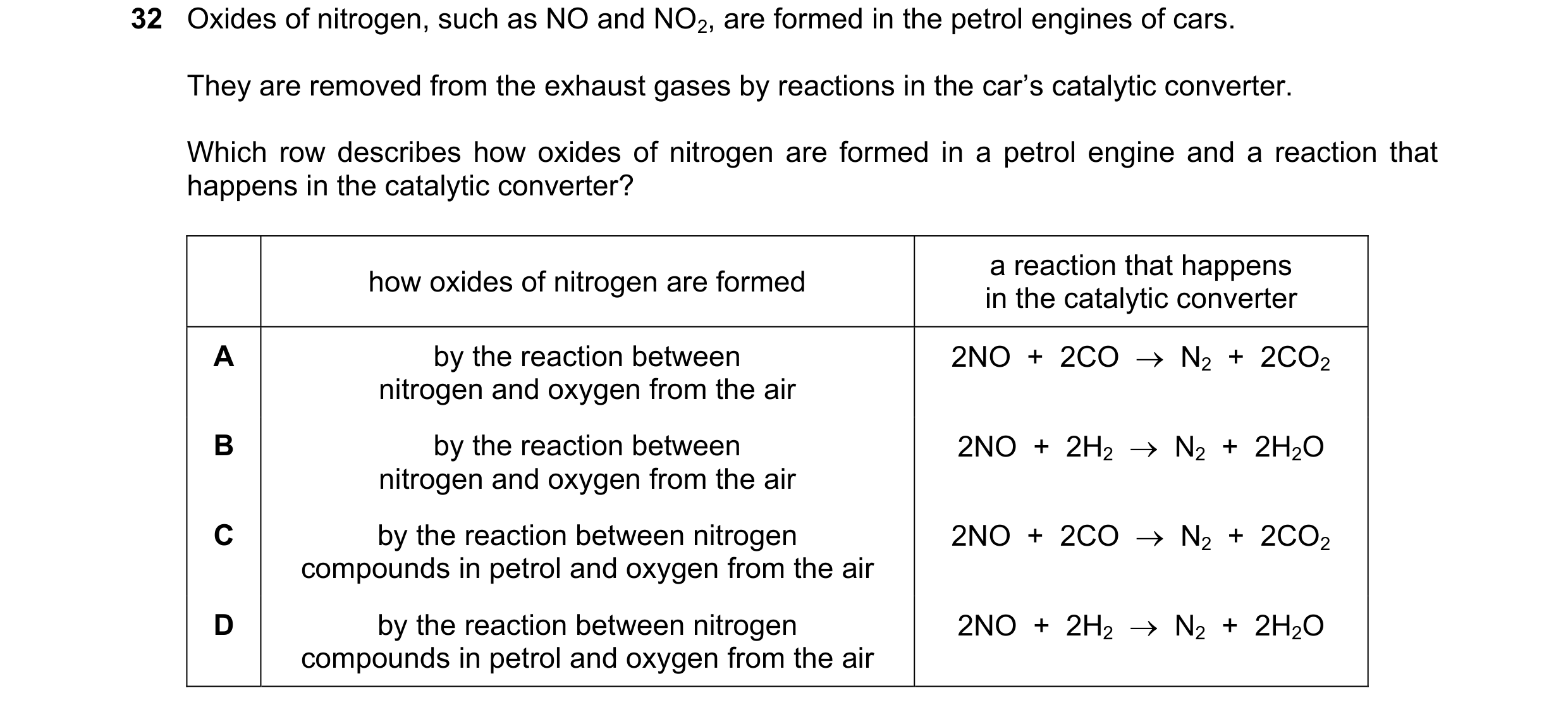 Question 26: Oxides of nitrogen, such as NO and NO2, are formed in the petrol engines of cars. They are removed from the exhaust gases by reactions in t…