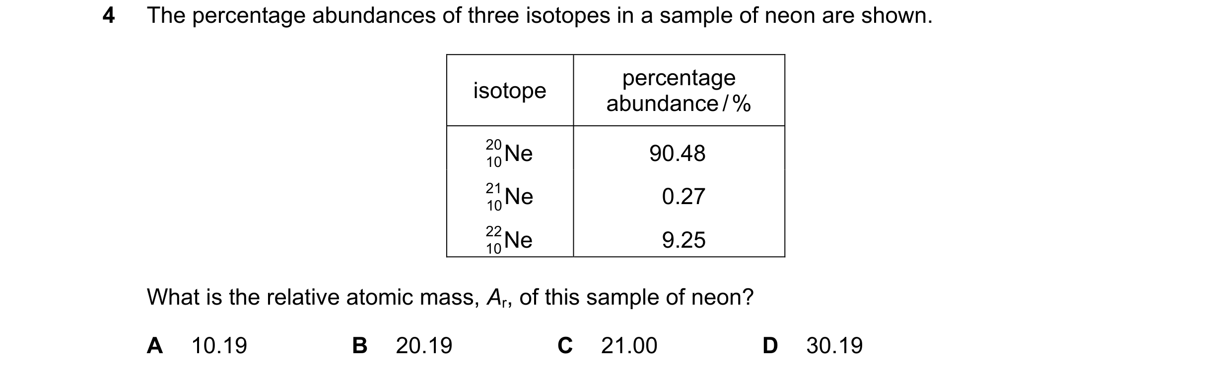 Question 17: The percentage abundances of three isotopes in a sample of neon are shown. percentage isotope abundance / % 20 Ne 90.48 10 21 Ne 0.27 10 22…