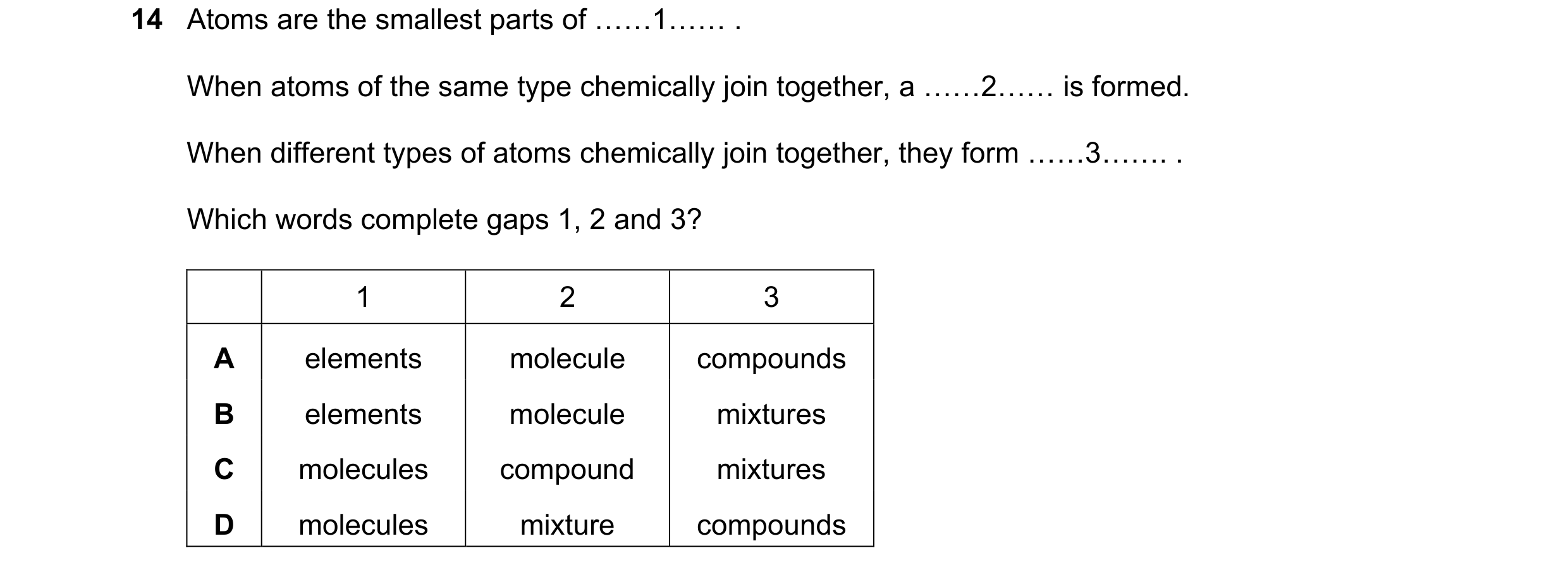 Question 27: Atoms are the smallest parts of ««1«« . When atoms of the same type chemically join together, a ««2«« is formed. When different types of at…