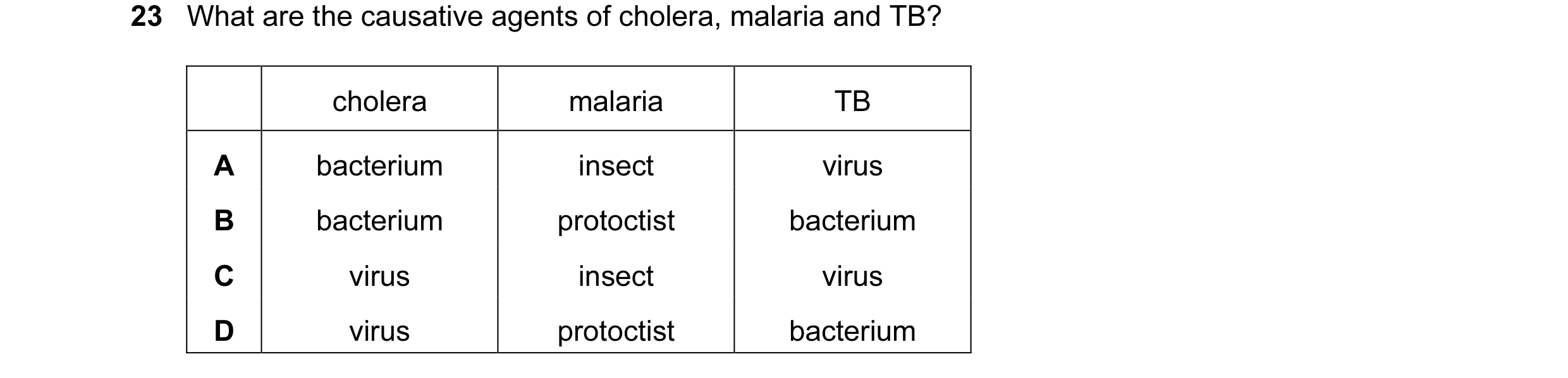 Question 22: What are the causative agents of cholera, malaria and TB? cholera malaria TB A bacterium insect virus B bacterium protoctist bacterium C vi…