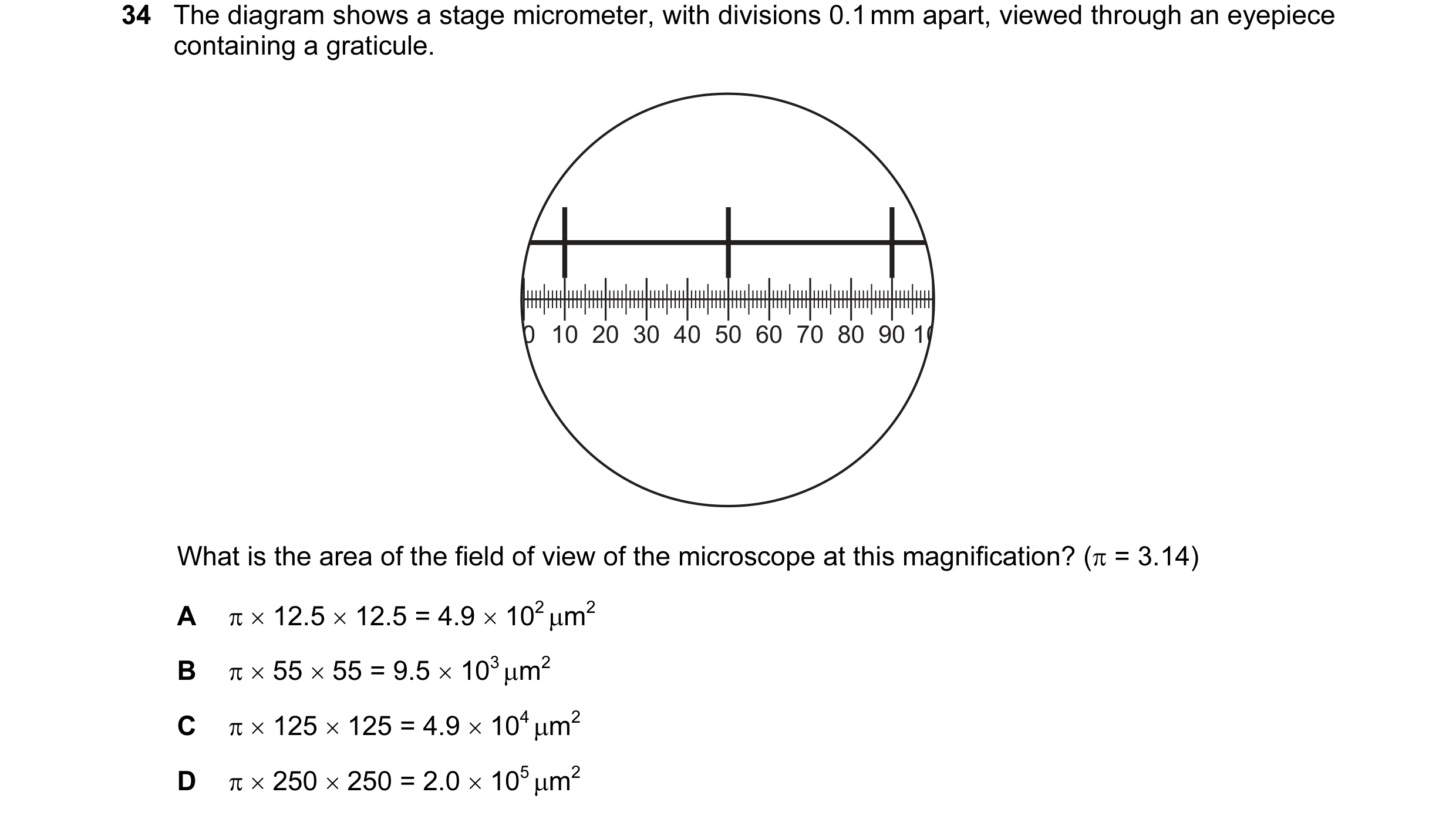 Question 27: The diagram shows a stage micrometer, with divisions 0.1 mm apart, viewed through an eyepiece containing a graticule. 0 10 20 30 40 50 60 7…