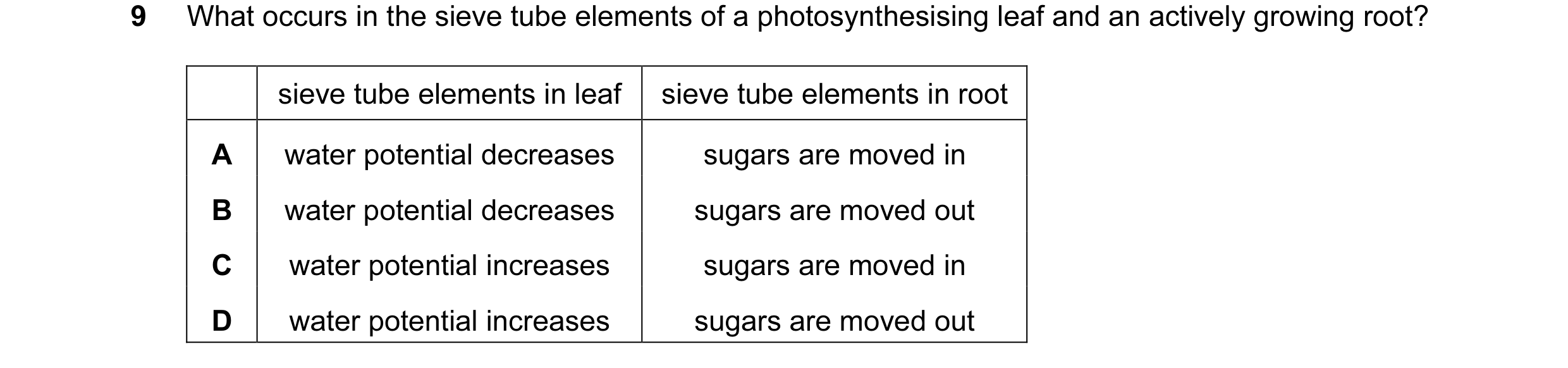Question 23: What occurs in the sieve tube elements of a photosynthesising leaf and an actively growing root? sieve tube elements in leaf sieve tube ele…