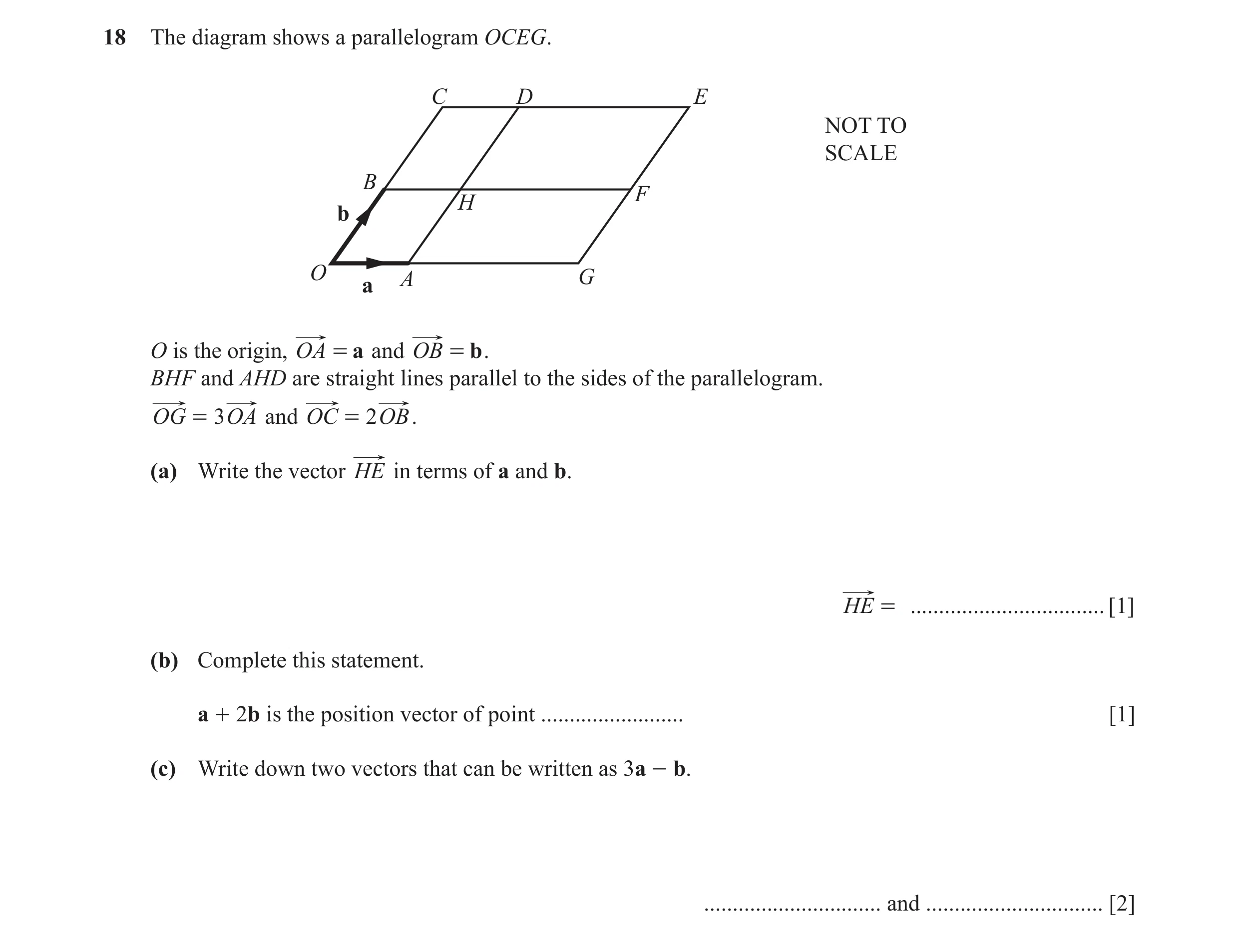 Question 35: The diagram shows a parallelogram OCEG. C D E NOT TO SCALE B F H b O A G a O is the origin, OA = a and OB = b . BHF and AHD are straight li…