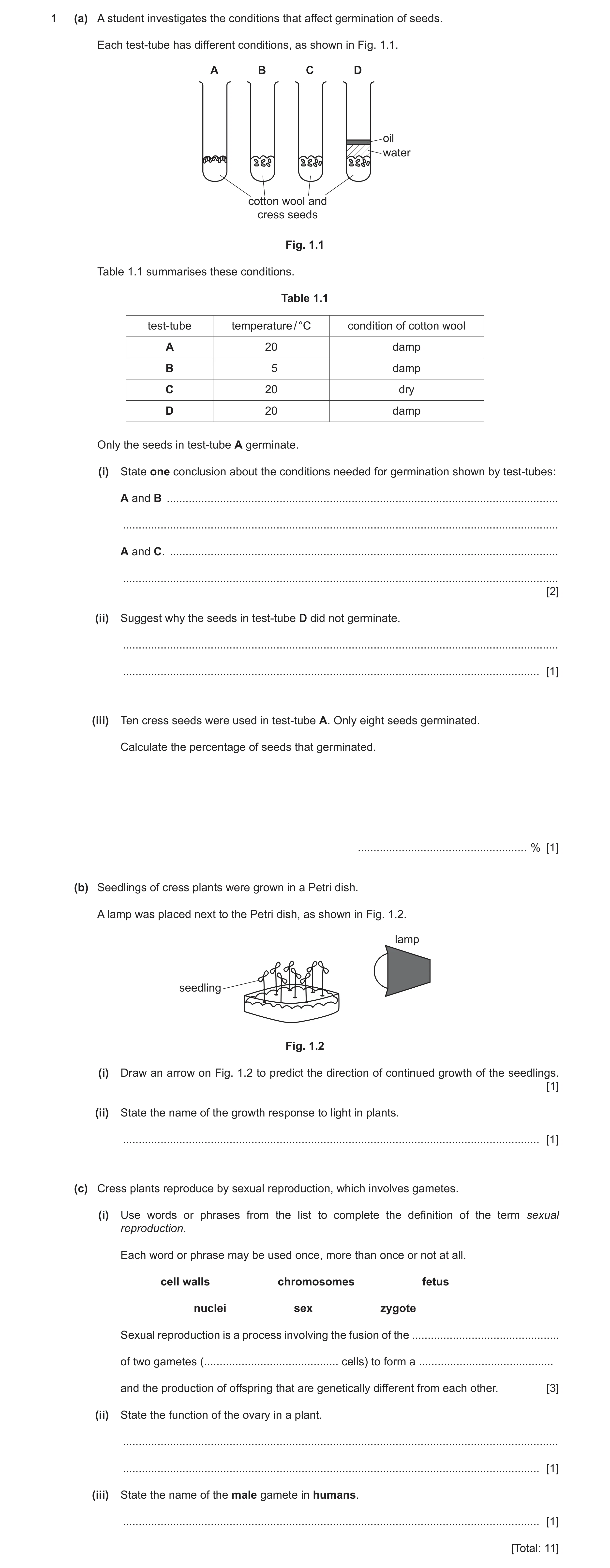 Question 5: (a) A student investigates the conditions that affect germination of seeds. Each test-tube has different conditions, as shown in Fig. 1.1. …