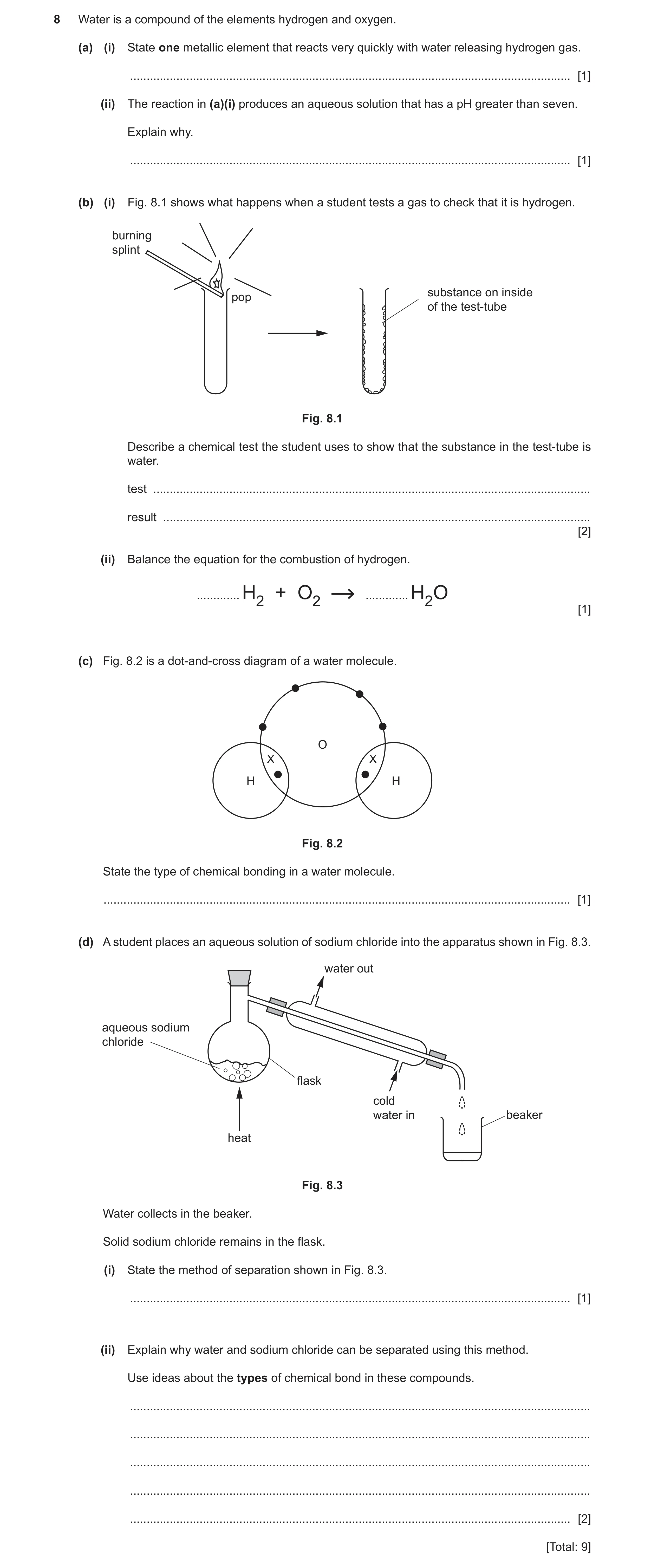 Question 4: Water is a compound of the elements hydrogen and oxygen. (a) (i) State one metallic element that reacts very quickly with water releasing h…