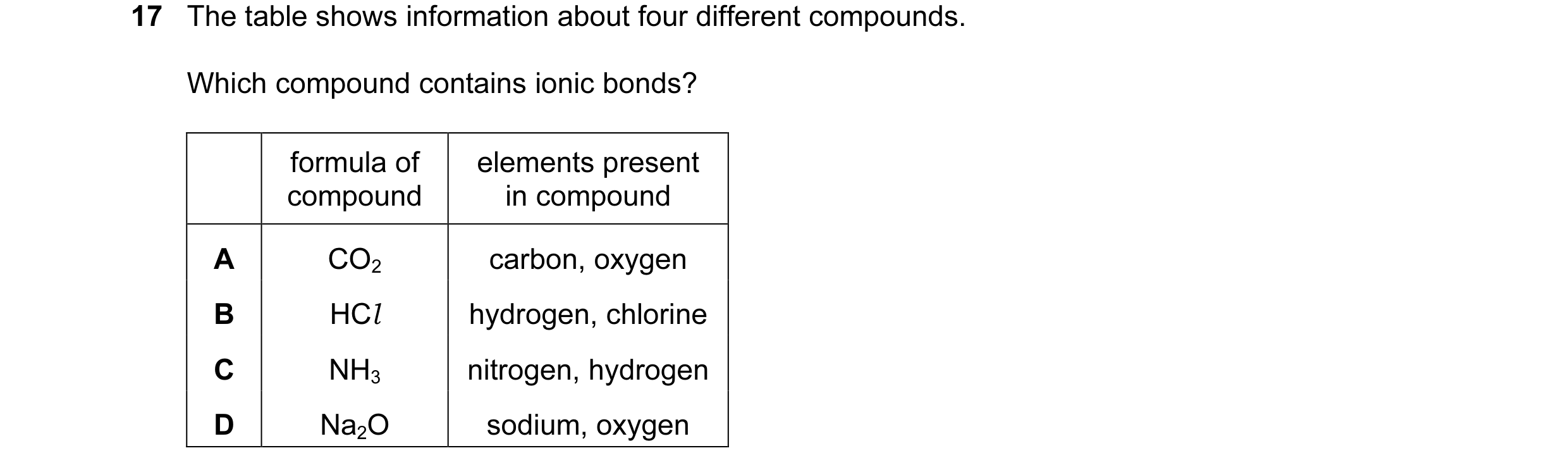 Question 14: The table shows information about four different compounds. Which compound contains ionic bonds? formula of elements present compound in co…