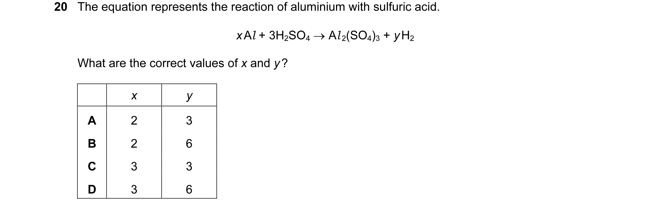 Question 12: The equation represents the reaction of aluminium with sulfuric acid. x Al + 3H2SO4 → Al 2(SO4)3 + y H2 What are the correct values of x an…