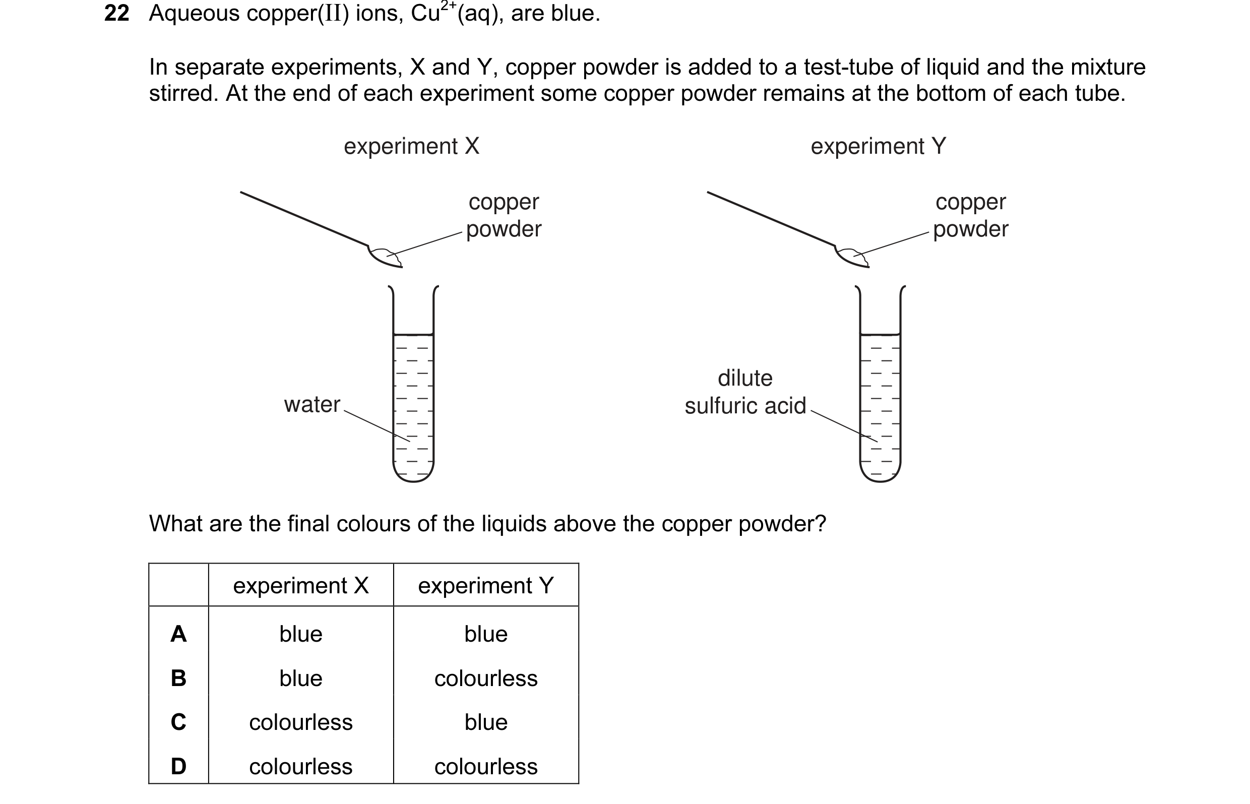 Question 14: Aqueous copper(II) ions, Cu2+(aq), are blue. In separate experiments, X and Y, copper powder is added to a test-tube of liquid and the mixt…