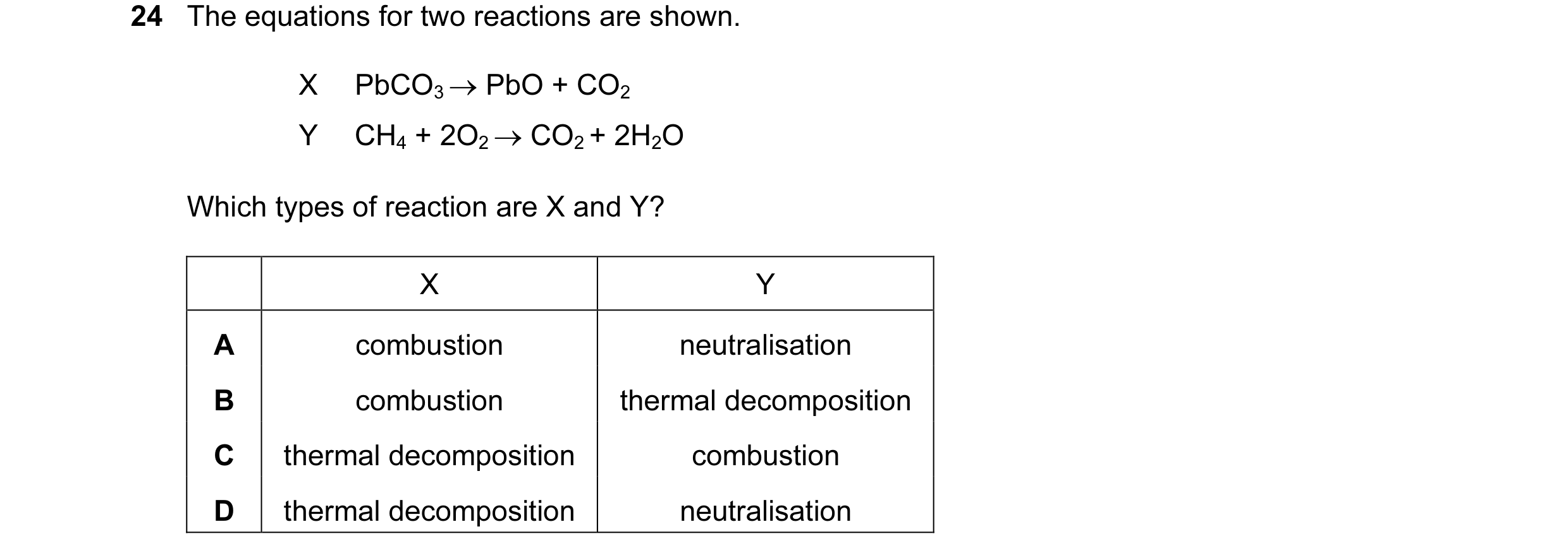 Question 9: The equations for two reactions are shown. X PbCO3 → PbO + CO2 Y CH4 + 2O2 → CO2 + 2H2O Which types of reaction are X and Y? X Y A combusti…