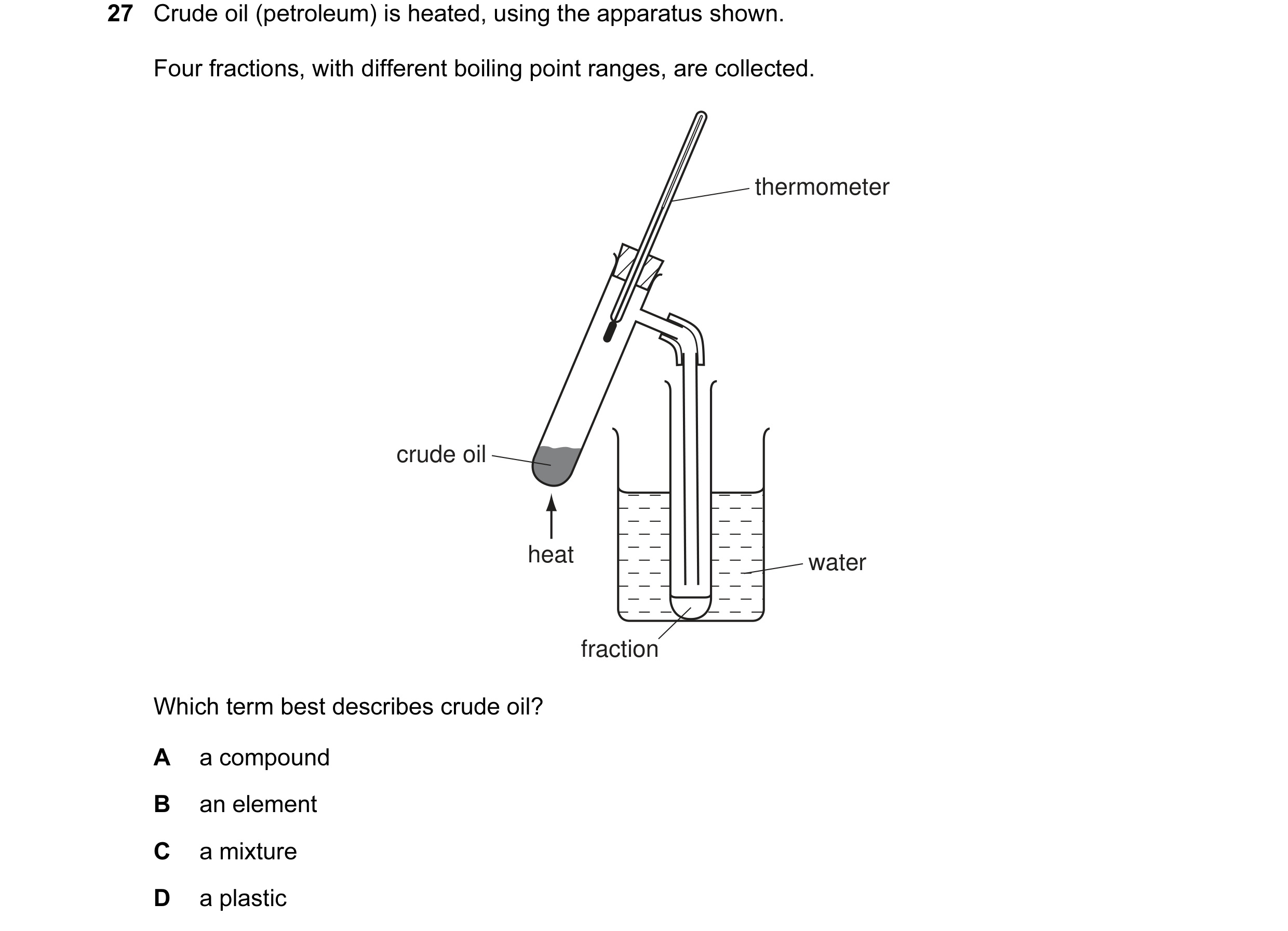 Question 24: Crude oil (petroleum) is heated, using the apparatus shown. Four fractions, with different boiling point ranges, are collected. thermometer…