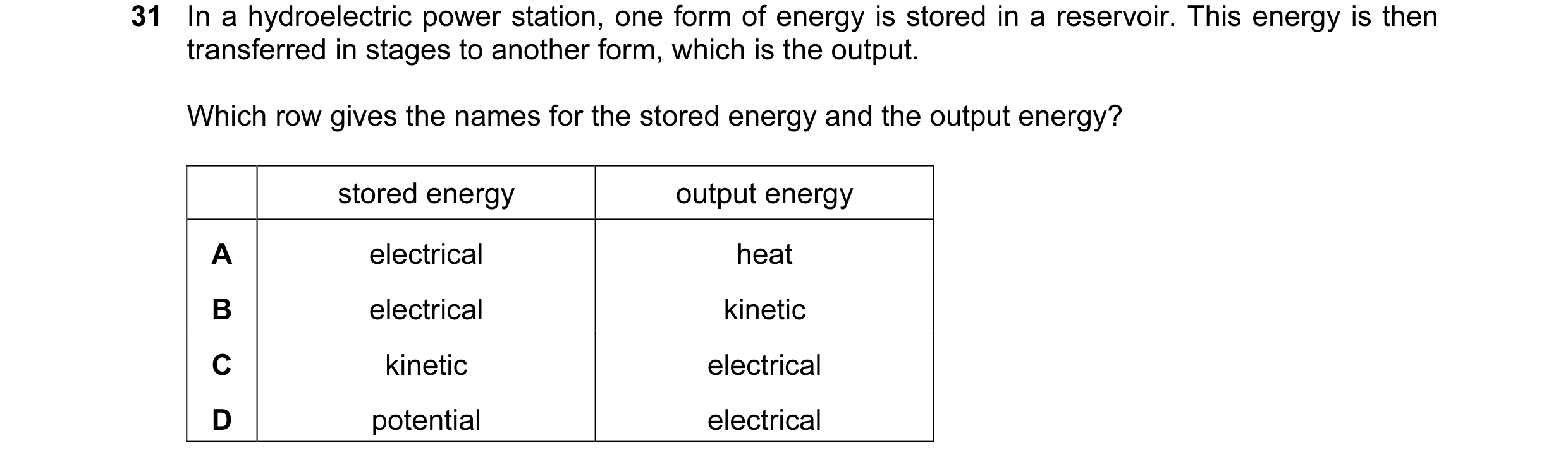 Question 21: In a hydroelectric power station, one form of energy is stored in a reservoir. This energy is then transferred in stages to another form, w…