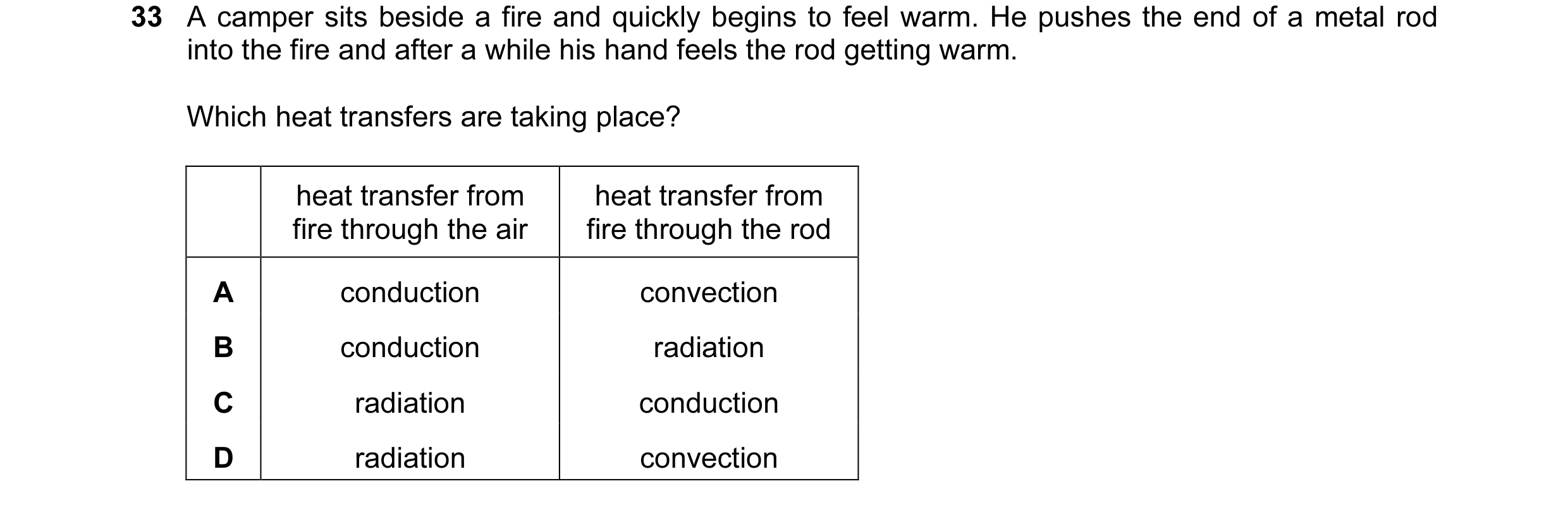 Question 20: A camper sits beside a fire and quickly begins to feel warm. He pushes the end of a metal rod into the fire and after a while his hand feel…