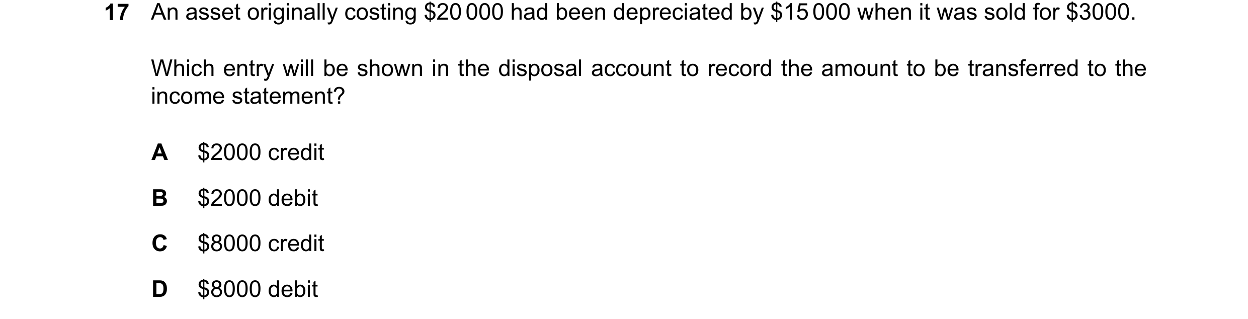 Question 87: An asset originally costing $20 000 had been depreciated by $15 000 when it was sold for $3000. Which entry will be shown in the disposal a…