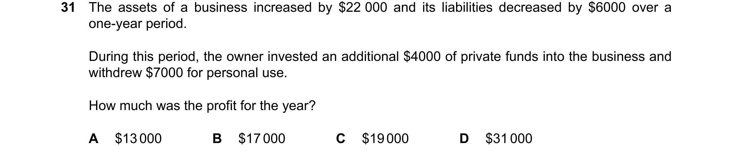 Question 57: The assets of a business increased by $22 000 and its liabilities decreased by $6000 over a one-year period. During this period, the owner …