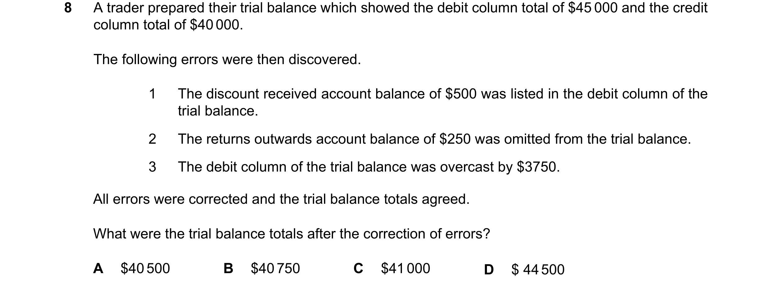 Question 42: A trader prepared their trial balance which showed the debit column total of $45 000 and the credit column total of $40 000. The following …