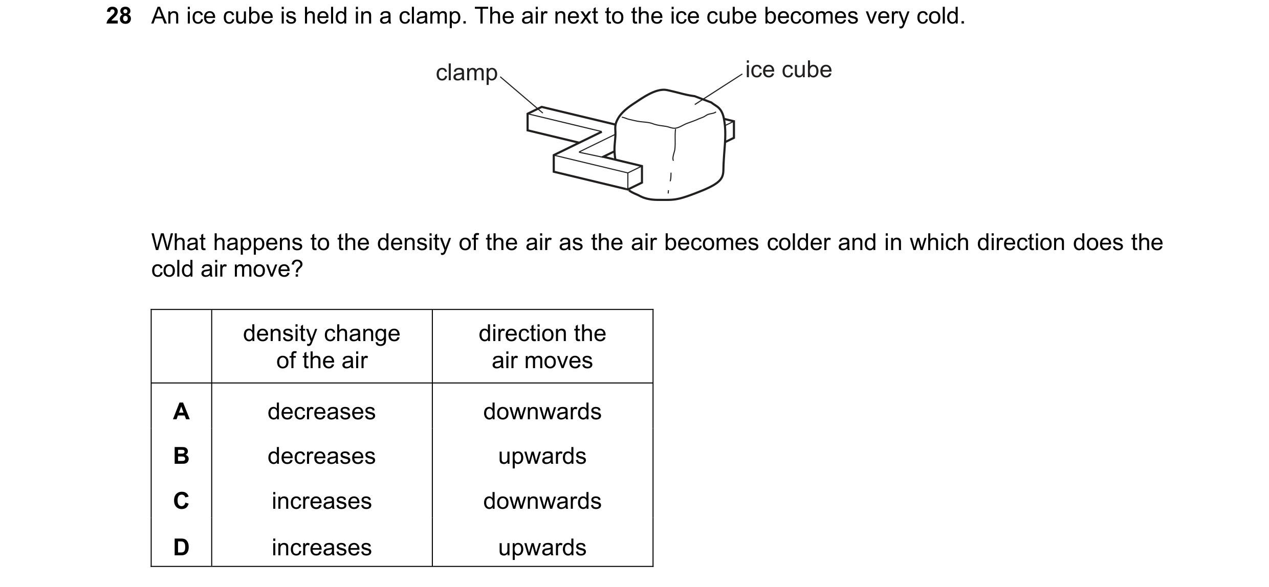 Question 21: An ice cube is held in a clamp. The air next to the ice cube becomes very cold. clamp ice cube What happens to the density of the air as th…