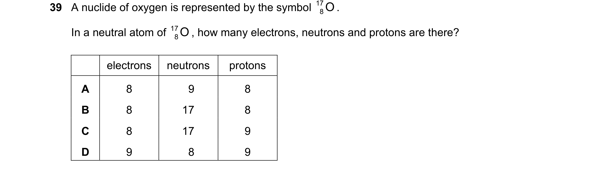 Question 27: A nuclide of oxygen is represented by the symbol 17 O . 8 In a neutral atom of 17 O , how many electrons, neutrons and protons are there? 8…
