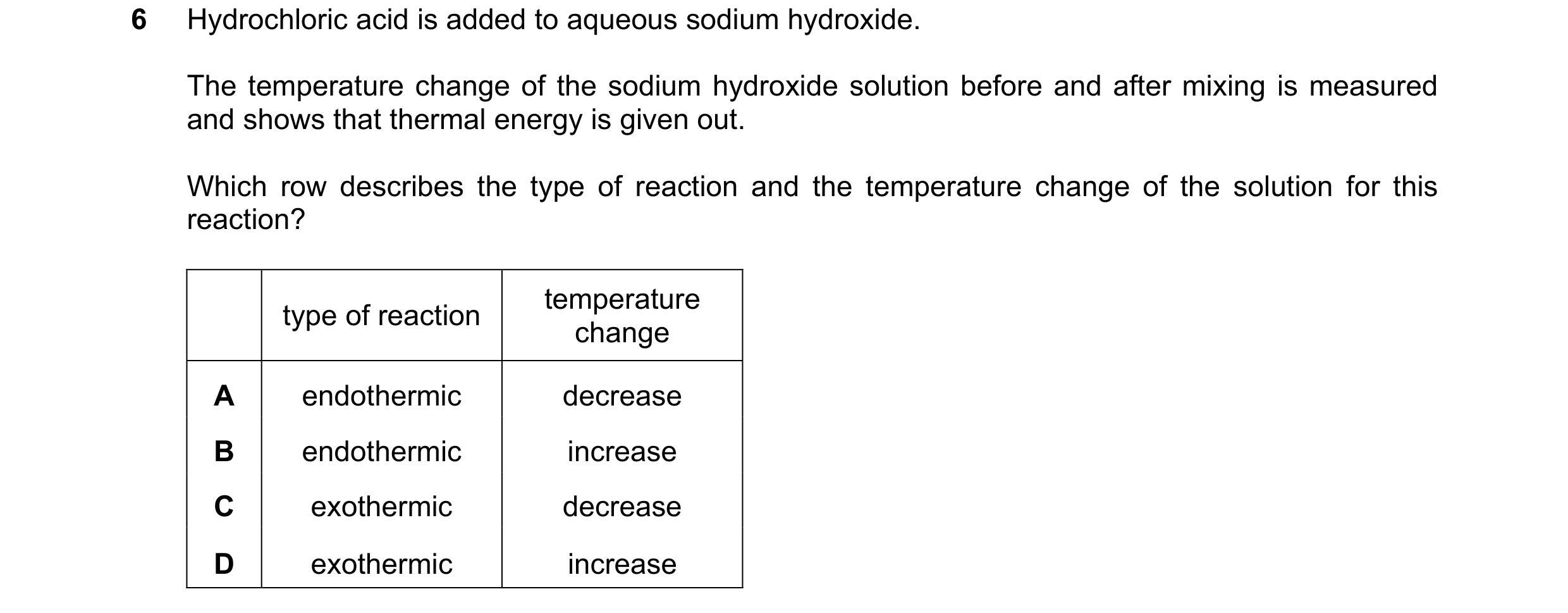 Question 14: Hydrochloric acid is added to aqueous sodium hydroxide. The temperature change of the sodium hydroxide solution before and after mixing is …