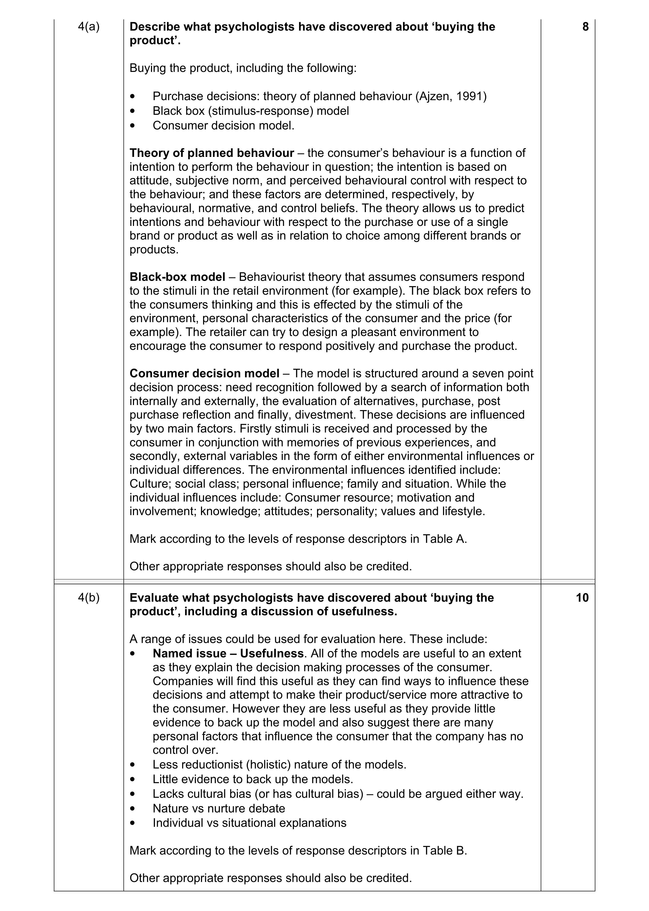 Mark scheme for question 4