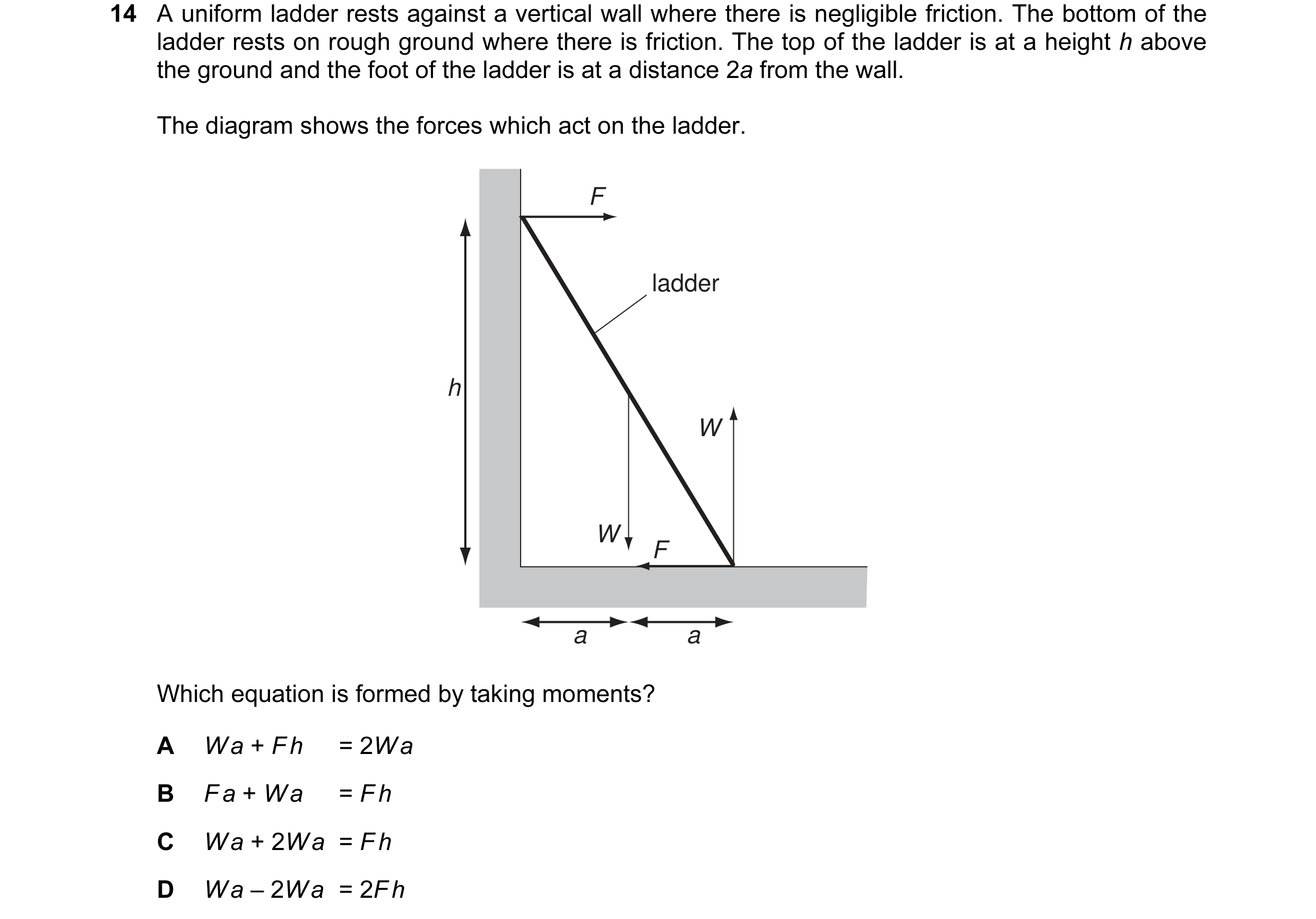 Question 8: A uniform ladder rests against a vertical wall where there is negligible friction. The bottom of the ladder rests on rough ground where the…