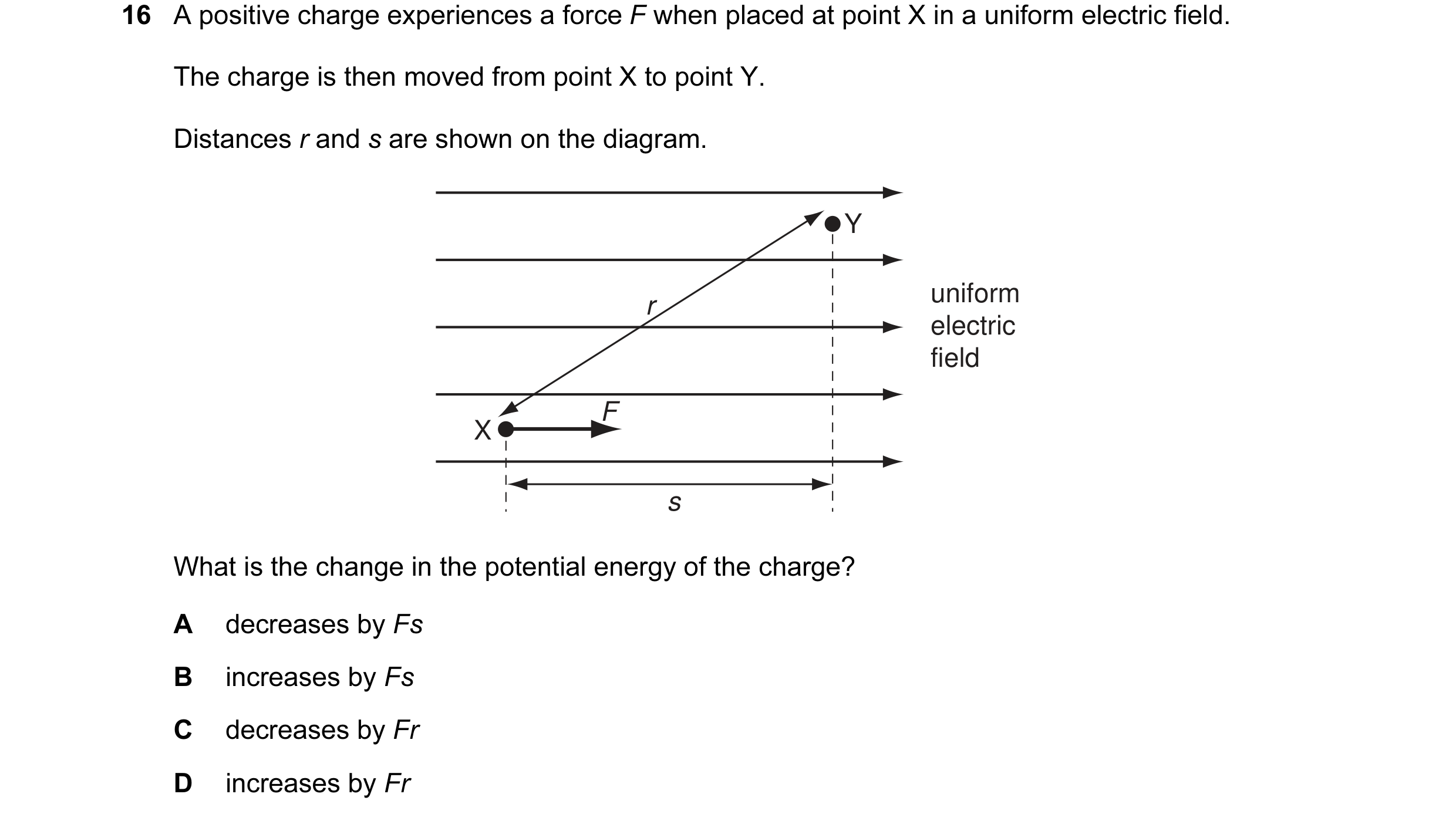 Question 10: A positive charge experiences a force F when placed at point X in a uniform electric field. The charge is then moved from point X to point …