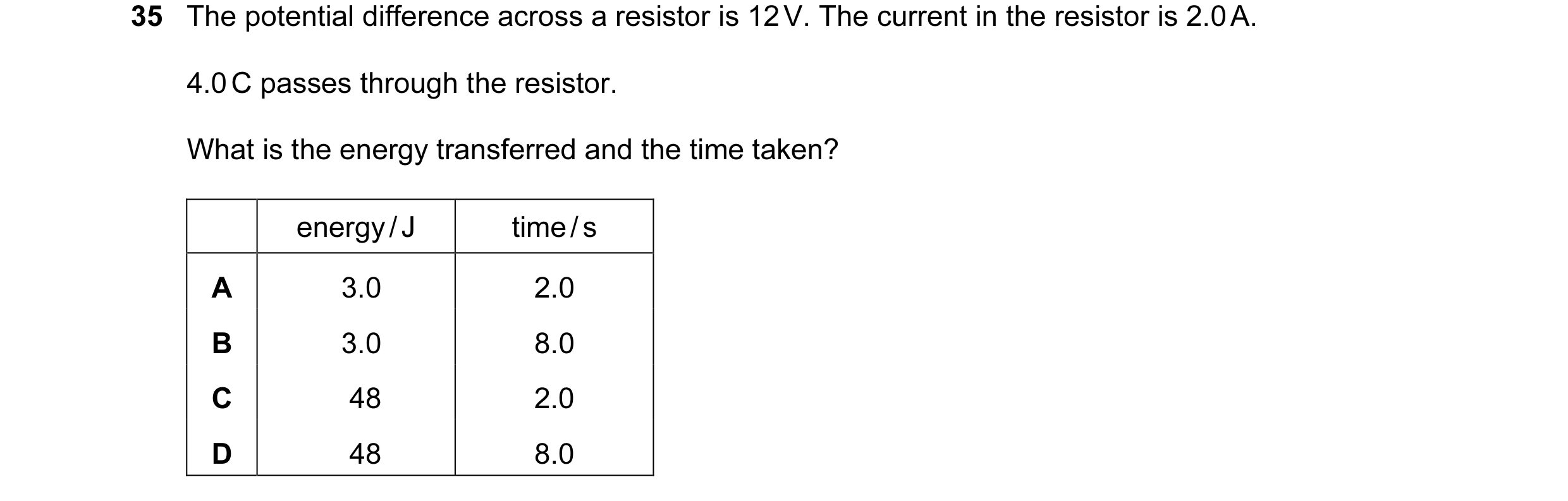 Question 10: The potential difference across a resistor is 12 V. The current in the resistor is 2.0 A. 4.0 C passes through the resistor. What is the en…