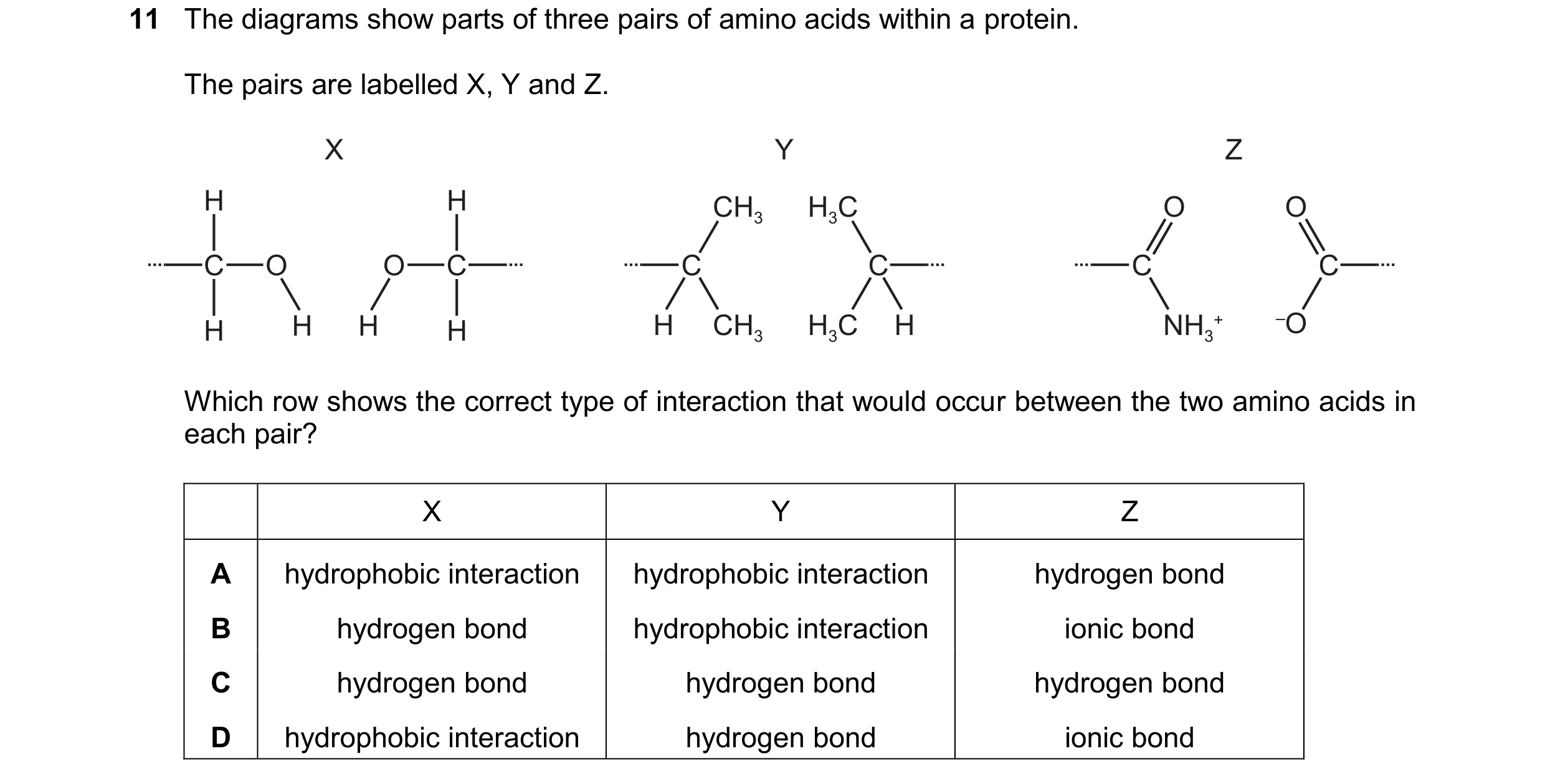 Question 239: The diagrams show parts of three pairs of amino acids within a protein. The pairs are labelled X, Y and Z. X Y Z H H CH3 H3C O O C O O C C …