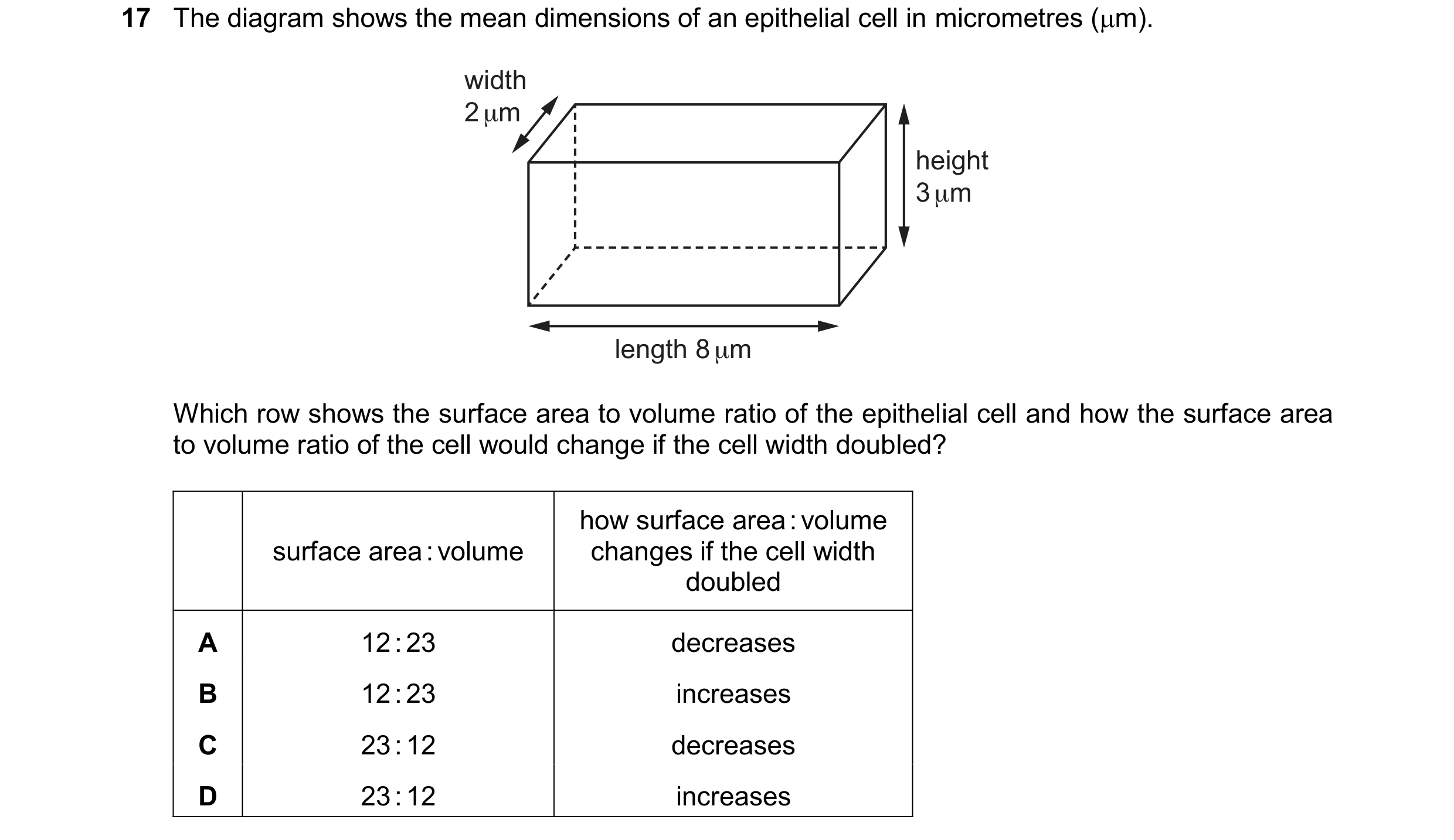 Question 354: The diagram shows the mean dimensions of an epithelial cell in micrometres (m). width 2 μm height 3 μm length 8 μm Which row shows the sur…