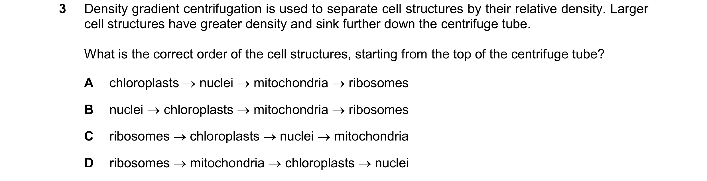 Question 181: Density gradient centrifugation is used to separate cell structures by their relative density. Larger cell structures have greater density …