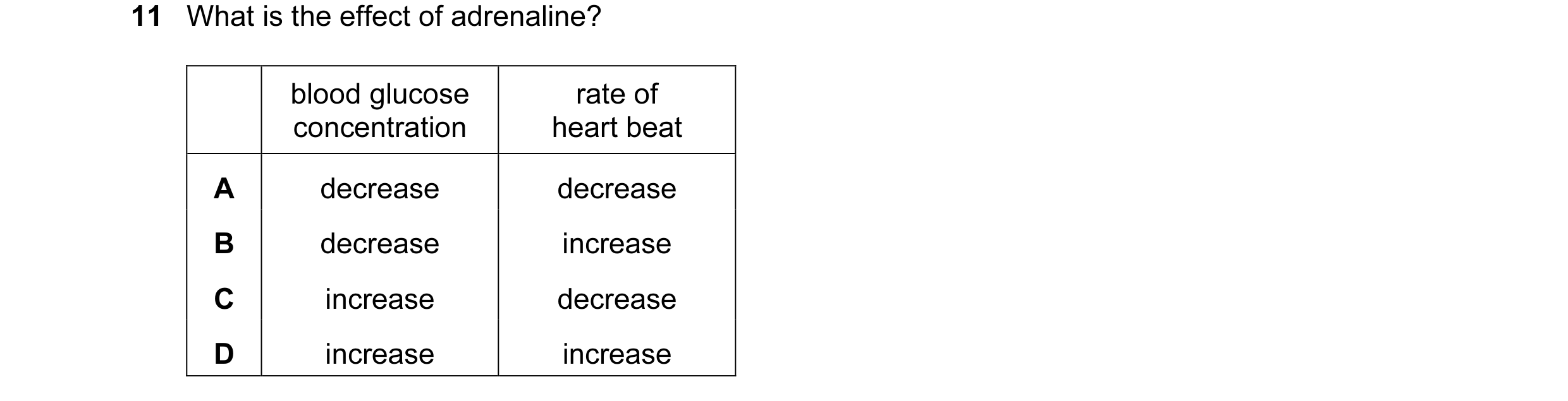Question 12: What is the effect of adrenaline? blood glucose rate of concentration heart beat A decrease decrease B decrease increase C increase decreas…