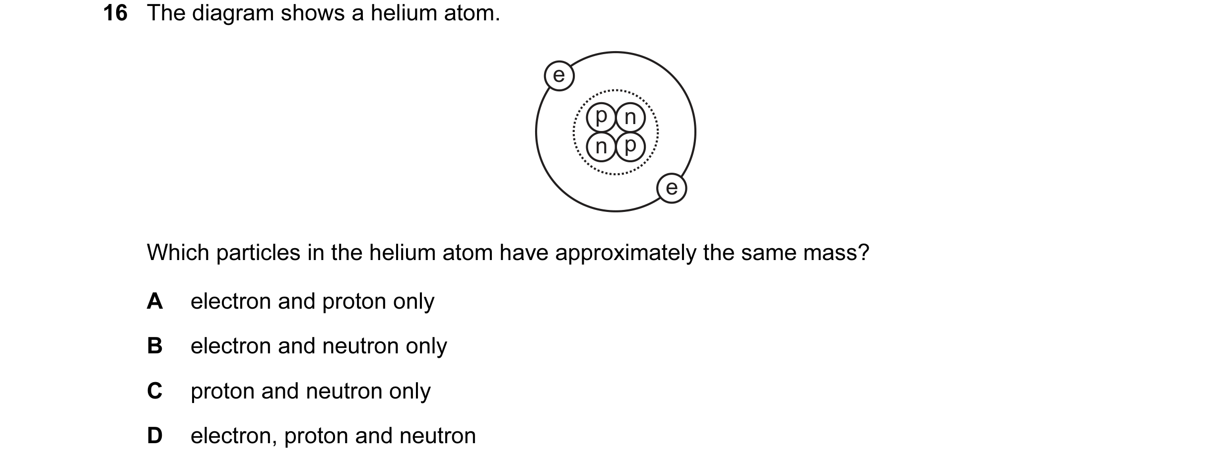Question 15: The diagram shows a helium atom. e p n n p e Which particles in the helium atom have approximately the same mass? A electron and proton onl…