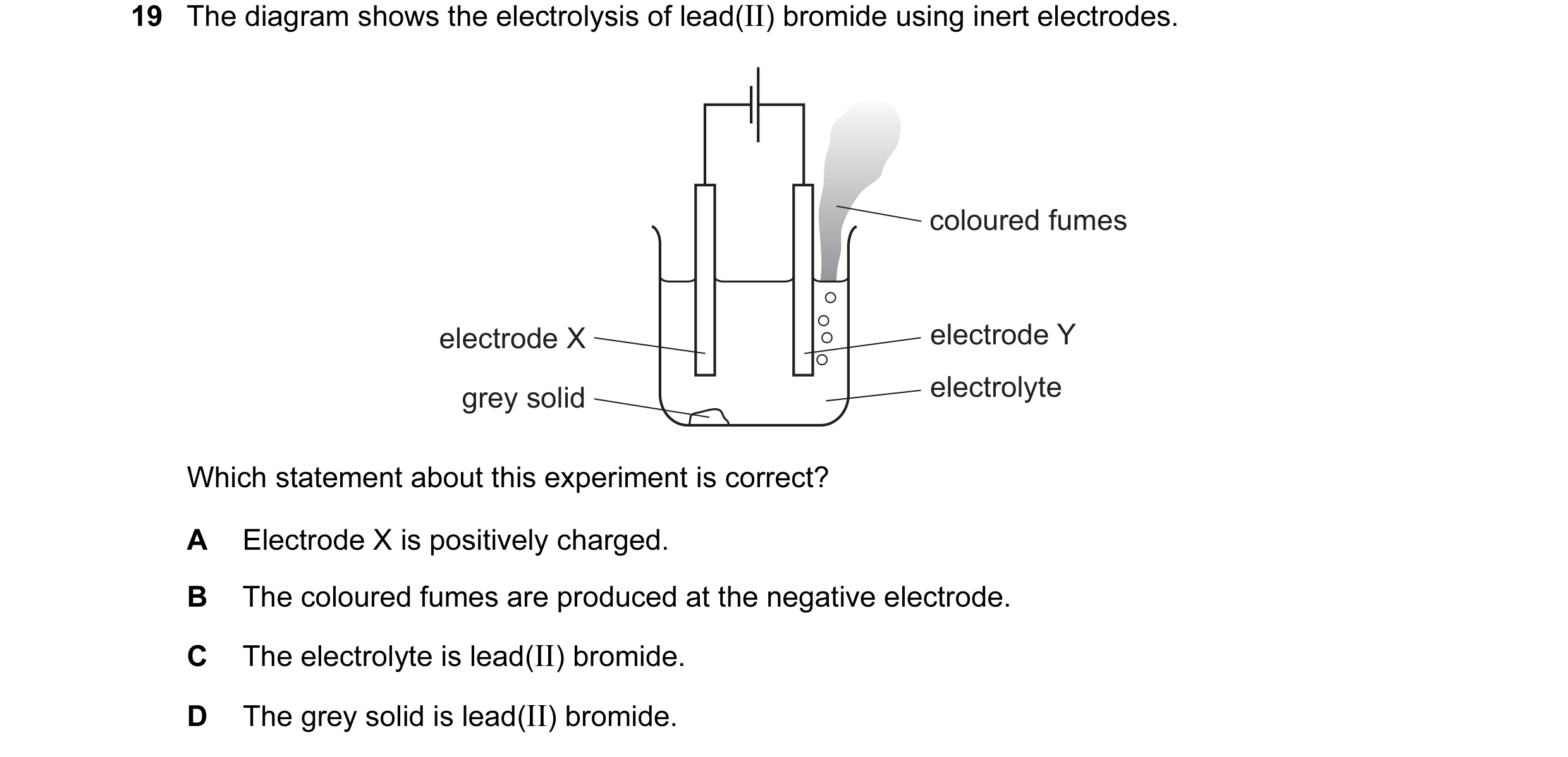 Question 41: The diagram shows the electrolysis of lead(II) bromide using inert electrodes. coloured fumes electrode X electrode Y grey solid electrolyt…