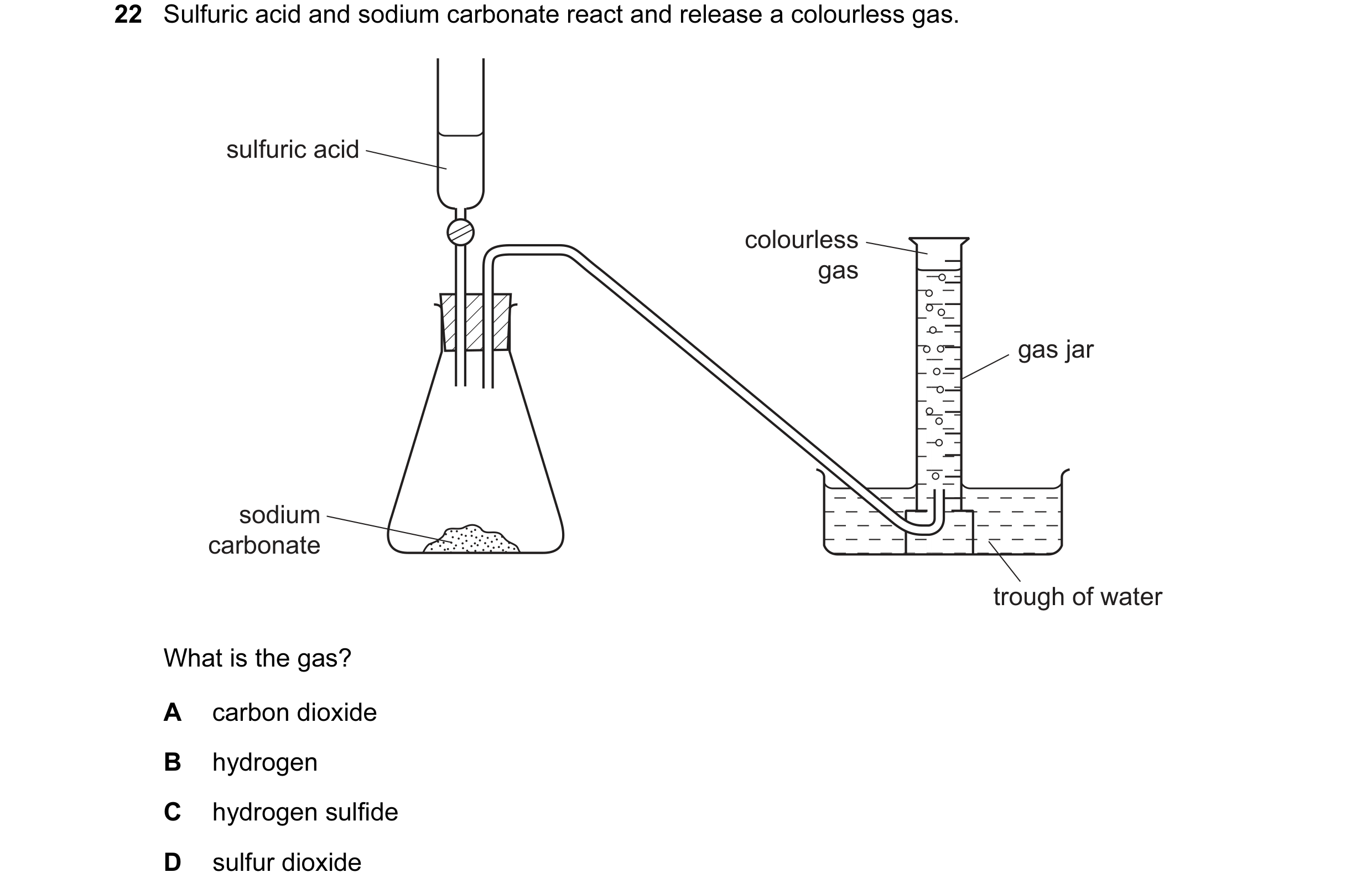 Question 4: Sulfuric acid and sodium carbonate react and release a colourless gas. sulfuric acid colourless gas gas jar sodium carbonate trough of wate…