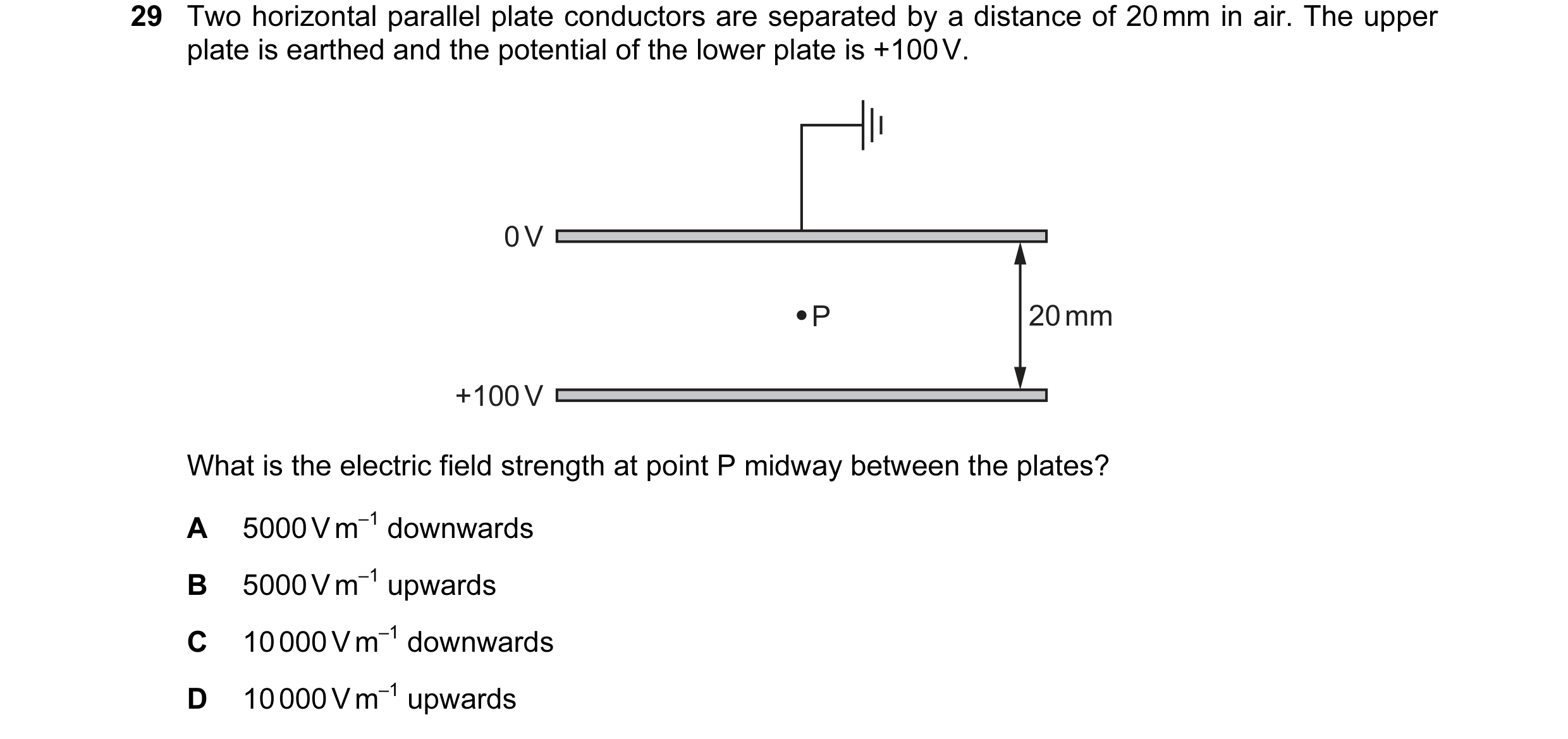 Question 74: Two horizontal parallel plate conductors are separated by a distance of 20 mm in air. The upper plate is earthed and the potential of the l…
