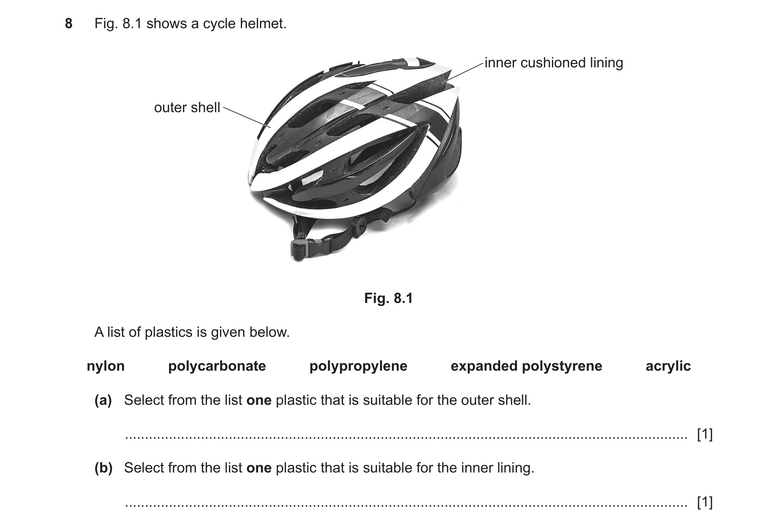 Question 292: Fig. 8.1 shows a cycle helmet. inner cushioned lining outer shell Fig. 8.1 A list of plastics is given below. nylon polycarbonate polypropy…