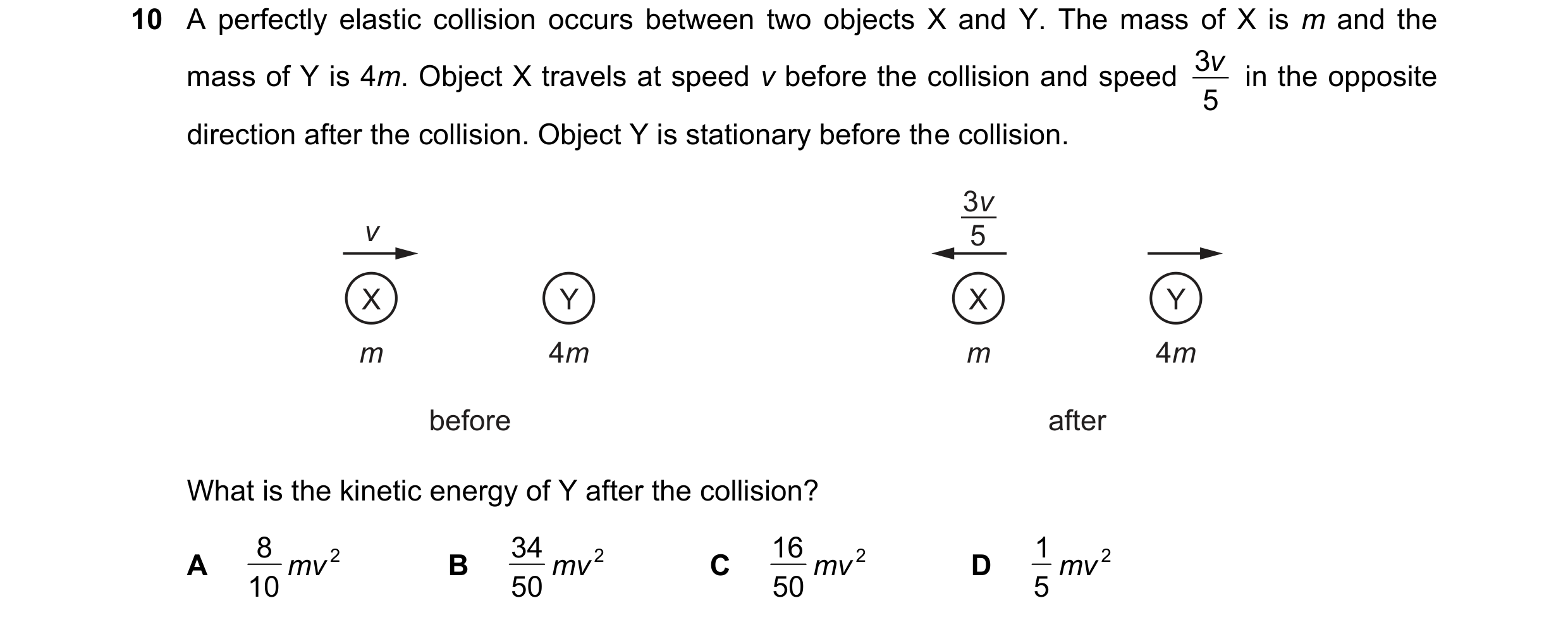 Question 173: A perfectly elastic collision occurs between two objects X and Y. The mass of X is m and the 3v  in the opposite mass of Y is 4m. Object X …