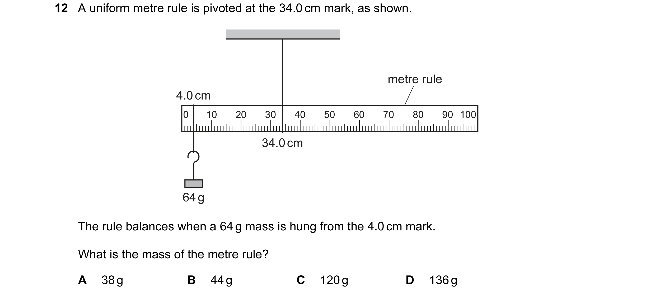 Question 126: A uniform metre rule is pivoted at the 34.0 cm mark, as shown. metre rule 4.0 cm 0 10 20 30 40 50 60 70 80 90 100 34.0 cm 64 g The rule bal…
