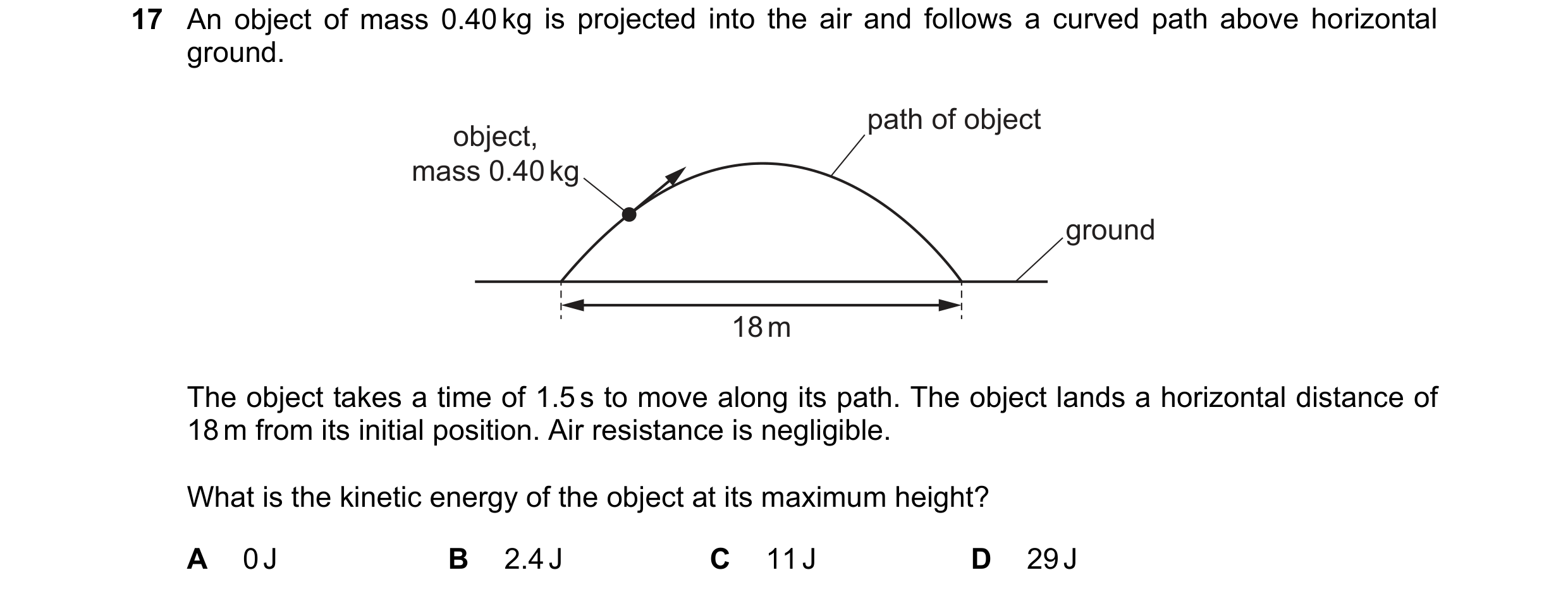 Question 197: An object of mass 0.40 kg is projected into the air and follows a curved path above horizontal ground. path of object object, mass 0.40 kg …