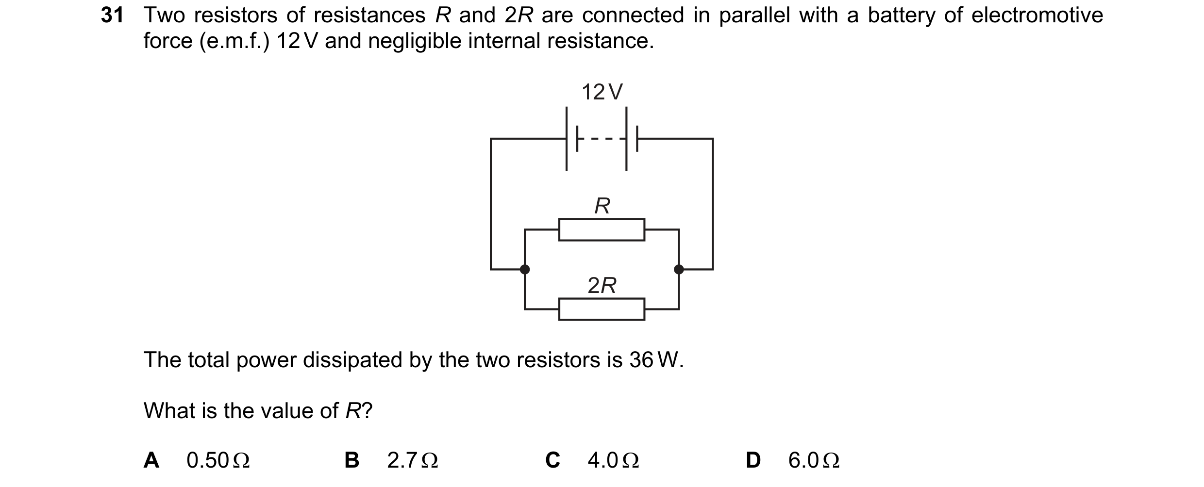 Question 191: Two resistors of resistances R and 2R are connected in parallel with a battery of electromotive force (e.m.f.) 12 V and negligible internal…