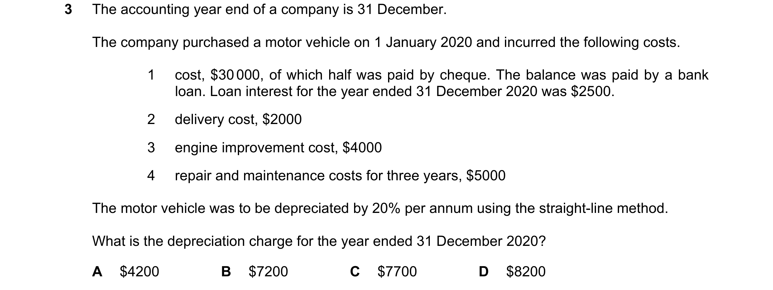 Question 217: The accounting year end of a company is 31 December. The company purchased a motor vehicle on 1 January 2020 and incurred the following cos…