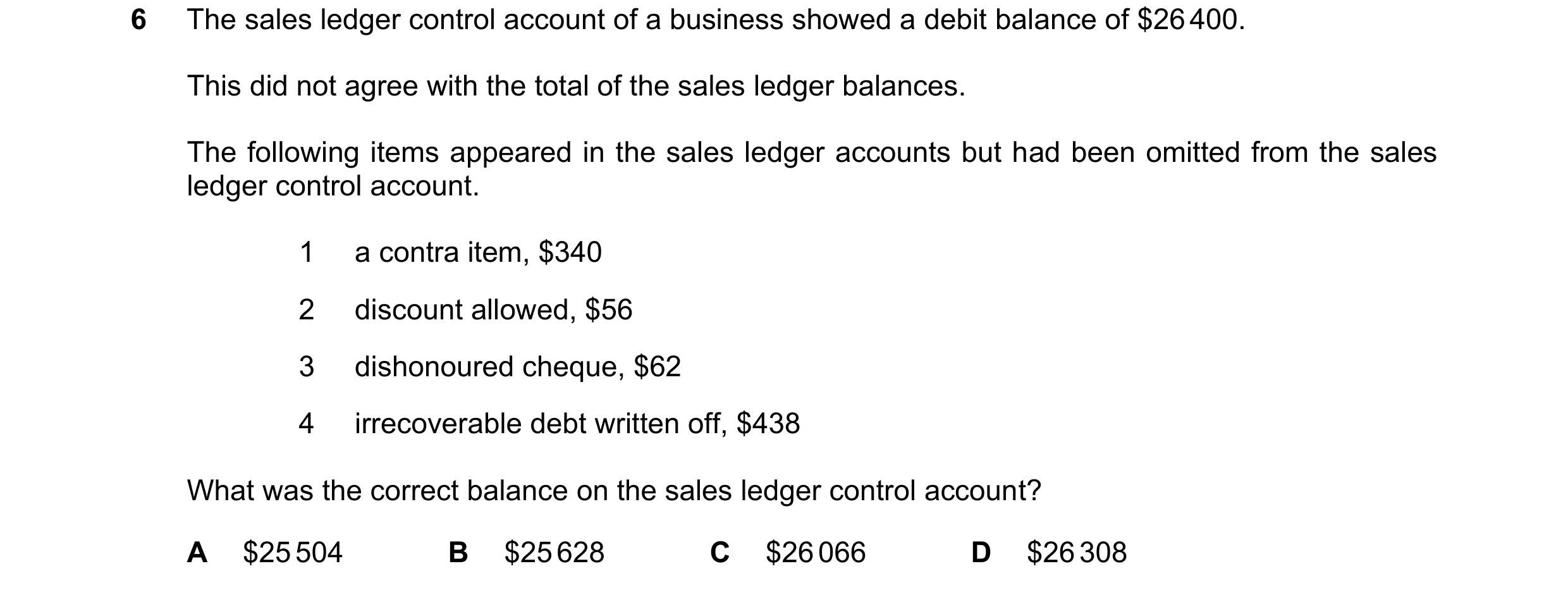 Question 300: The sales ledger control account of a business showed a debit balance of $26 400. This did not agree with the total of the sales ledger bal…