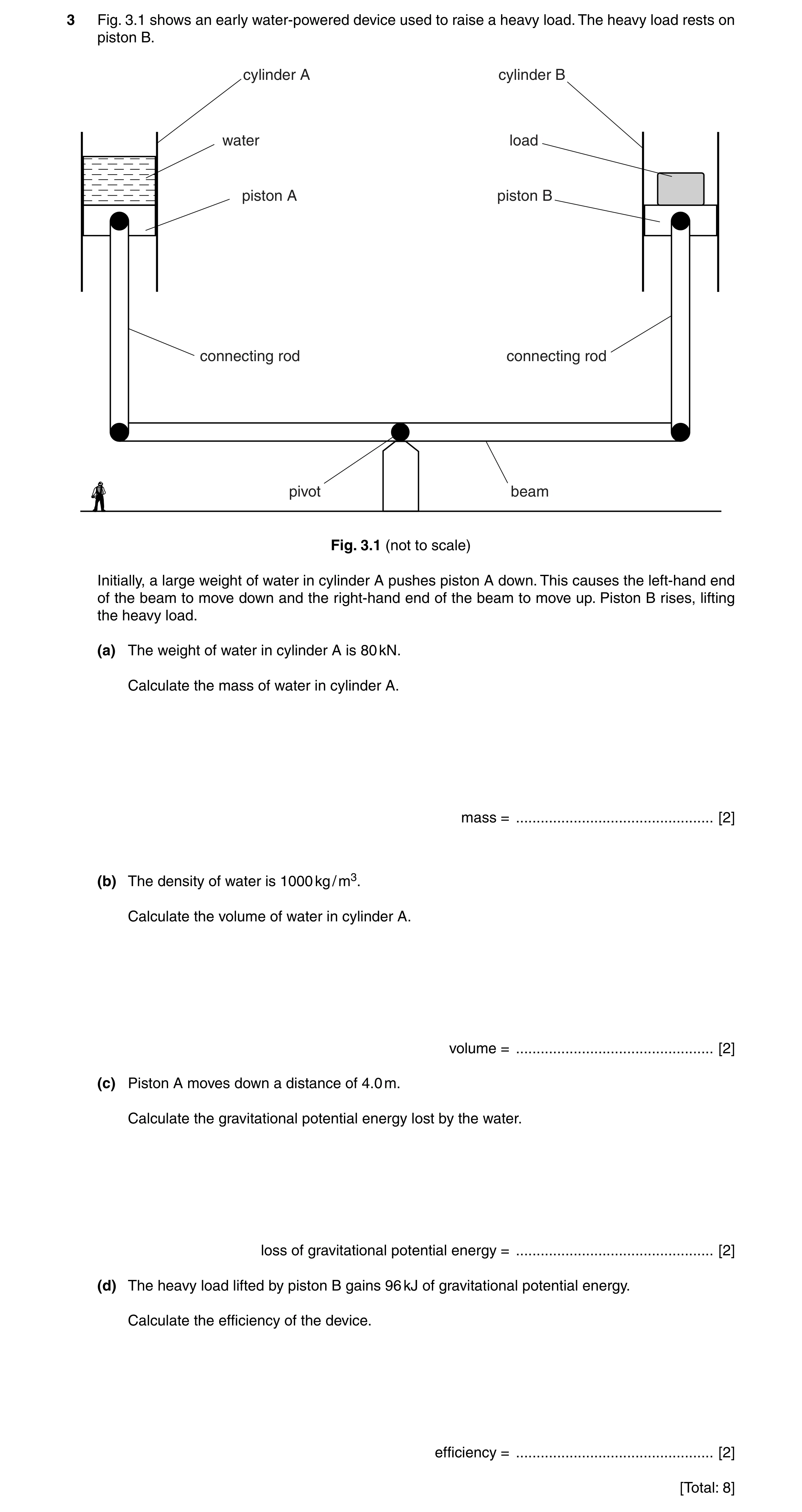 Question 11: Fig. 3.1 shows an early water-powered device used to raise a heavy load. The heavy load rests on piston B. cylinder A cylinder B water load…