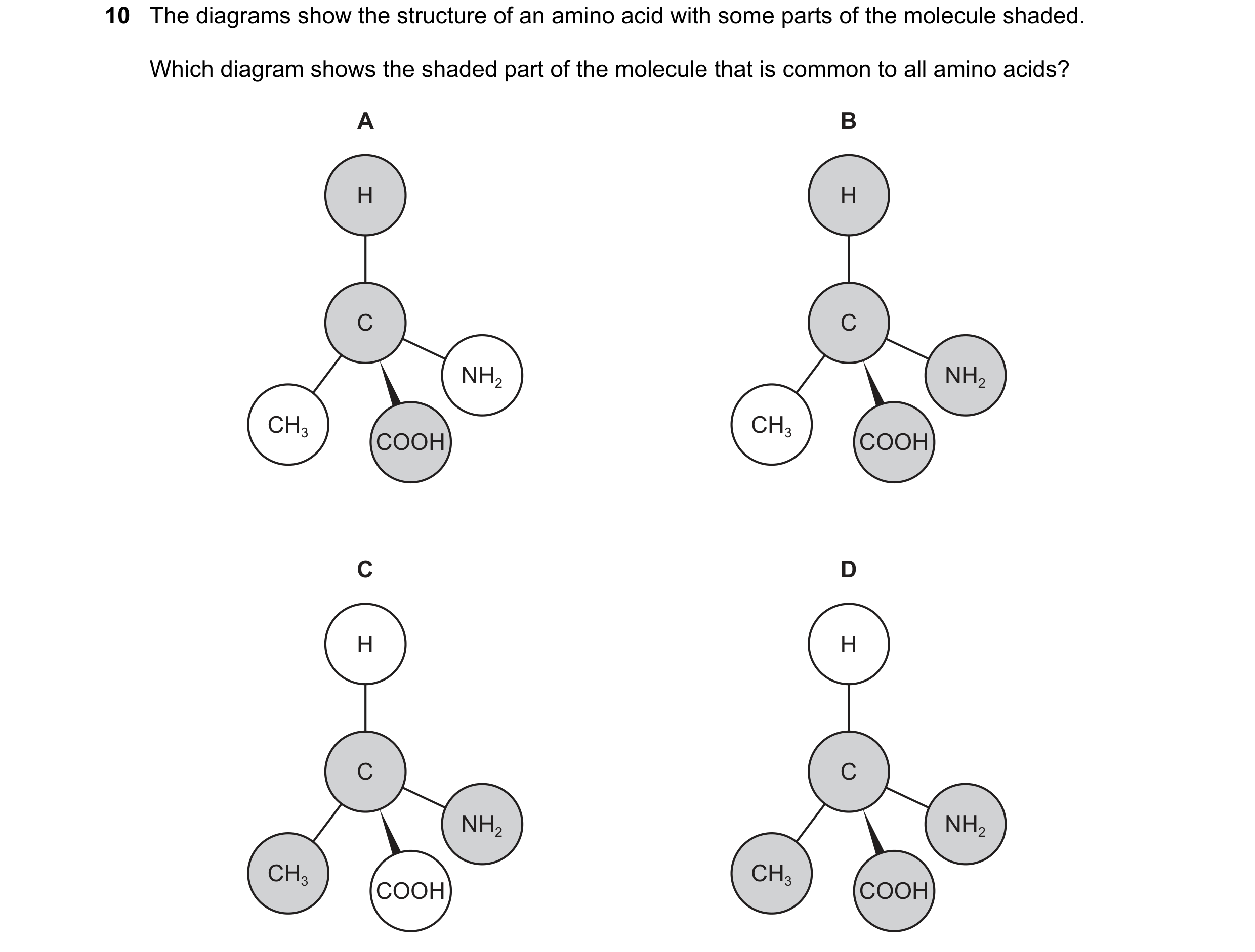 Question 161: The diagrams show the structure of an amino acid with some parts of the molecule shaded. Which diagram shows the shaded part of the molecul…