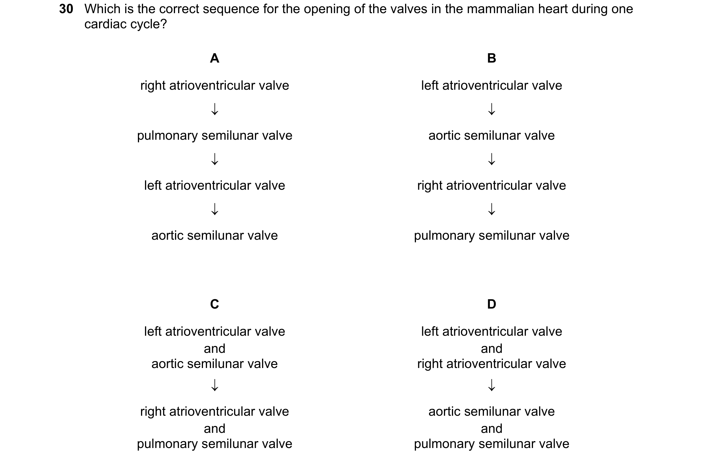 Question 89: Which is the correct sequence for the opening of the valves in the mammalian heart during one cardiac cycle? A B right atrioventricular val…