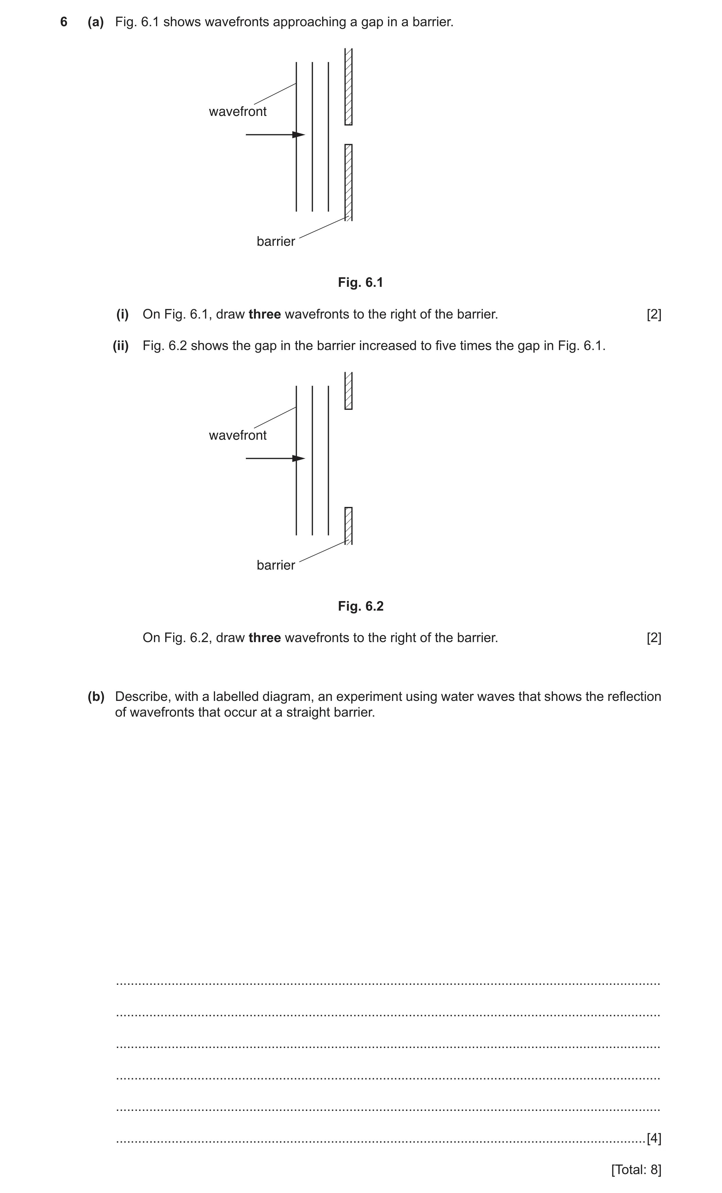 Question 4: (a) Fig. 6.1 shows wavefronts approaching a gap in a barrier. wavefront barrier Fig. 6.1 (i) On Fig. 6.1, draw three wavefronts to the righ…