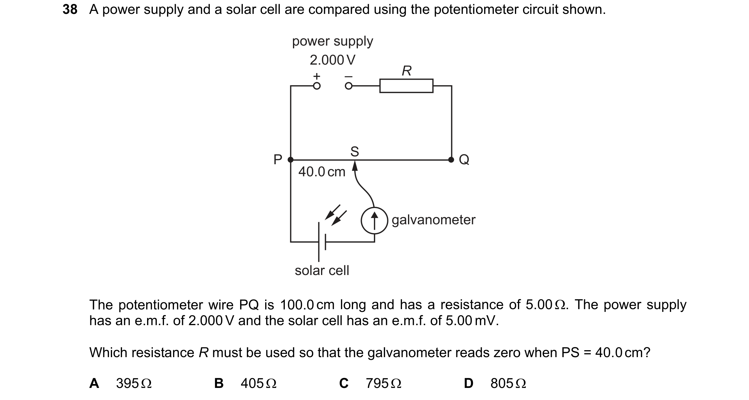 Question 90: A power supply and a solar cell are compared using the potentiometer circuit shown. power supply 2.000 V + – R S P Q 40.0 cm galvanometer s…