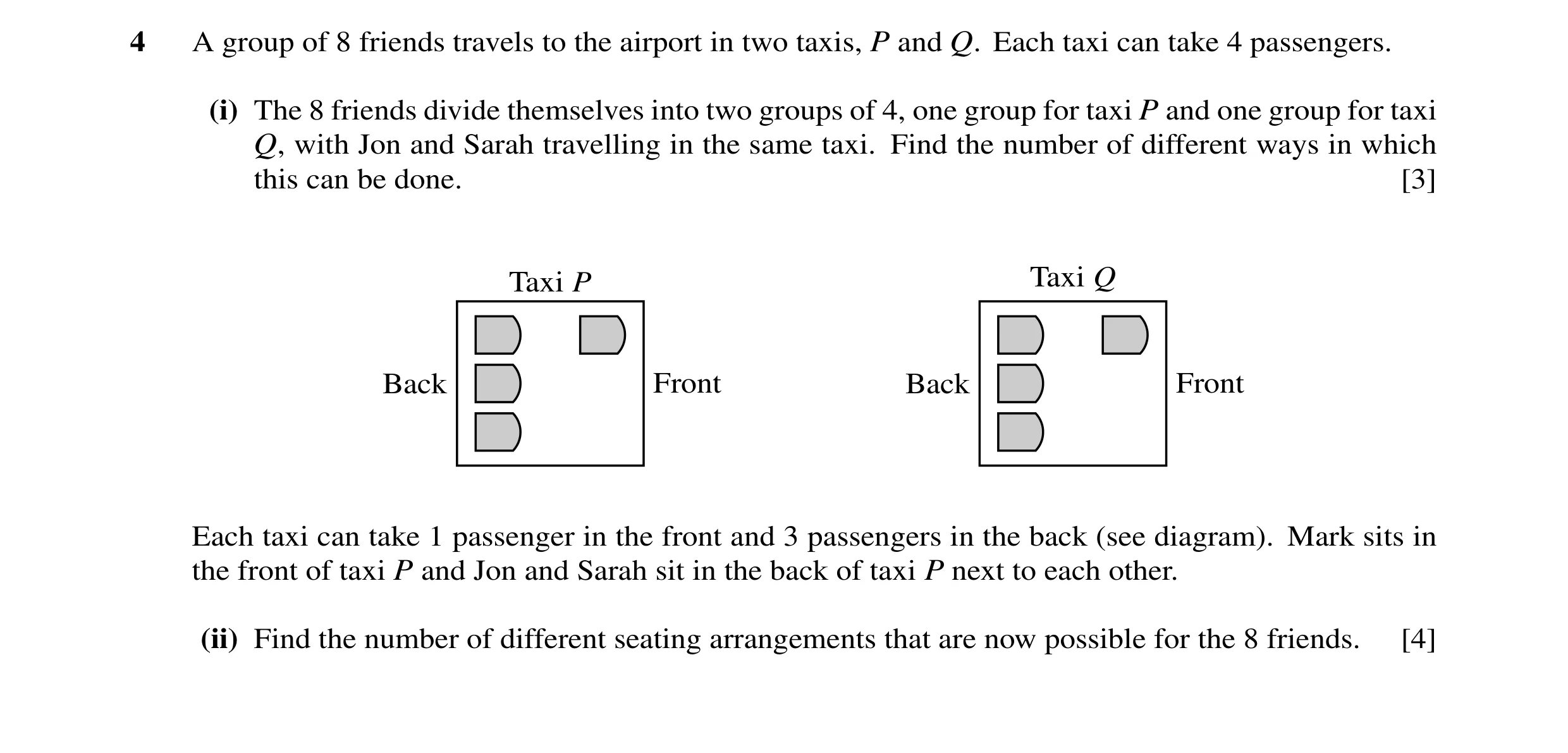 Question 28: A group of 8 friends travels to the airport in two taxis, P and Q. Each taxi can take 4 passengers. (i) The 8 friends divide themselves int…